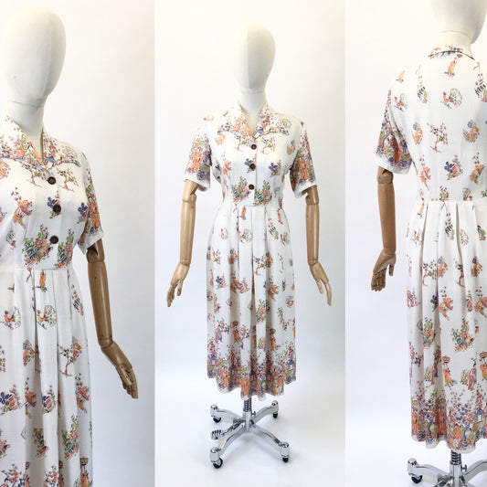 Original 1940s Novelty print dress-amazing brightly coloured scenes.