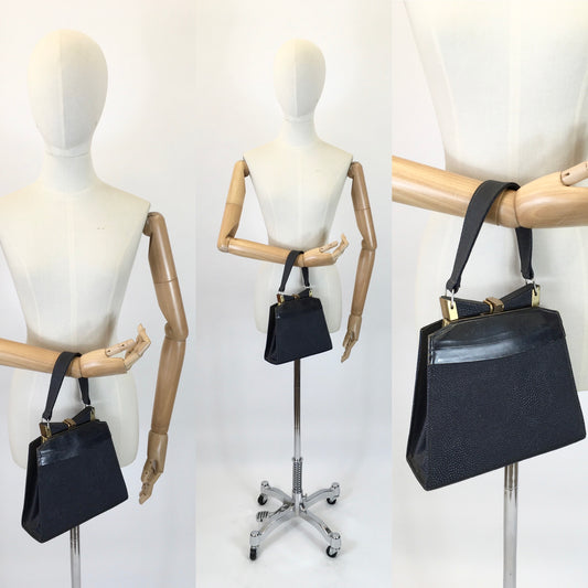 Original 1930s Art Deco Handbag - Navy on a gold tone frame