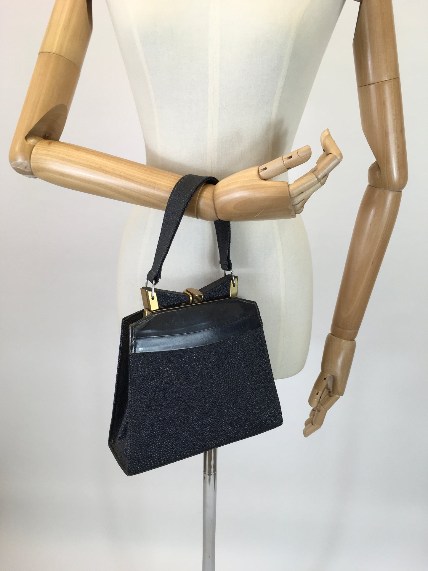 Original 1930s Art Deco Handbag - Navy on a gold tone frame