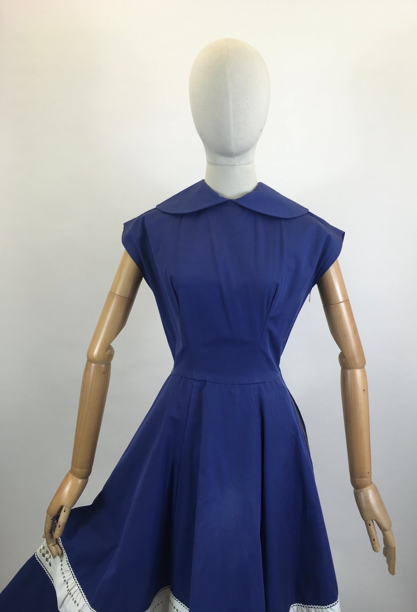 Original 1950’s Cotton Day Dress - Blue with White Contrast