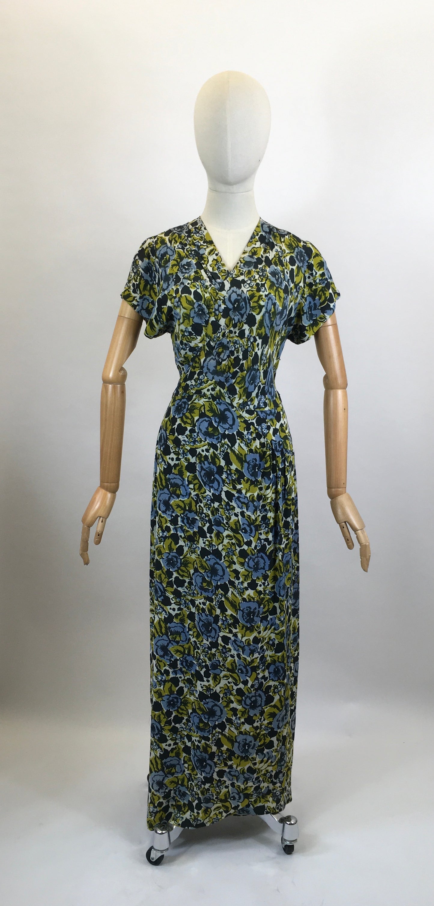 Original 1940's Beautiful Floral dress - in Chautreuse, Blue and Green florals.
