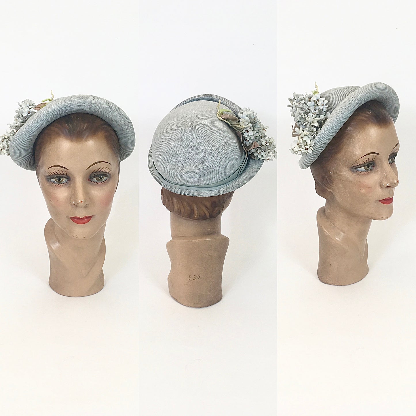 Original 1930’s Gorgeous  Fine Natural Straw Hat - In Pale Blue with Floral Millinery