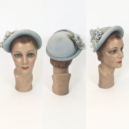 Original 1930’s Gorgeous  Fine Natural Straw Hat - In Pale Blue with Floral Millinery