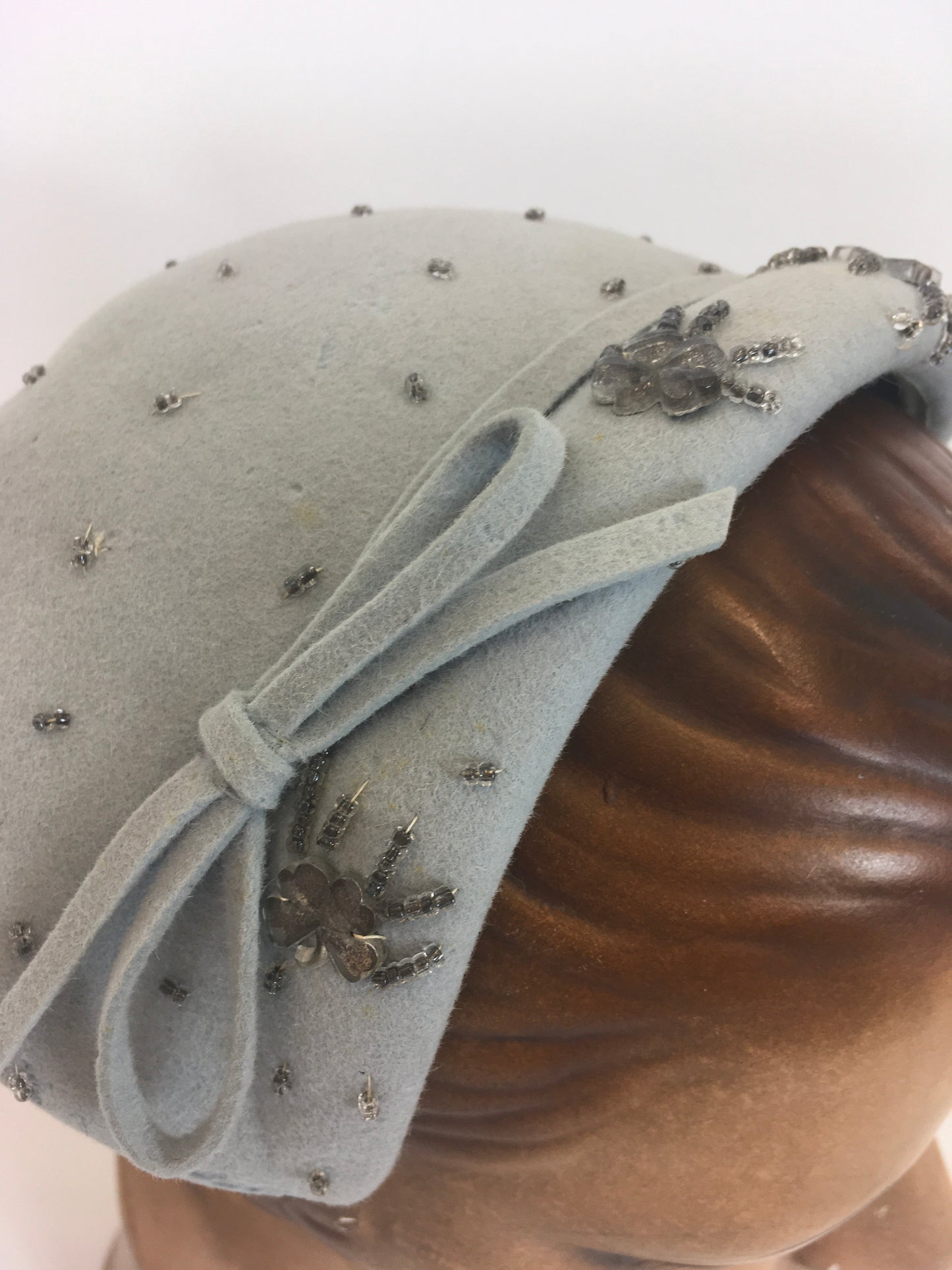 Original 1950s Darling Felt Headpiece - In A Pale Blue With Beadwork