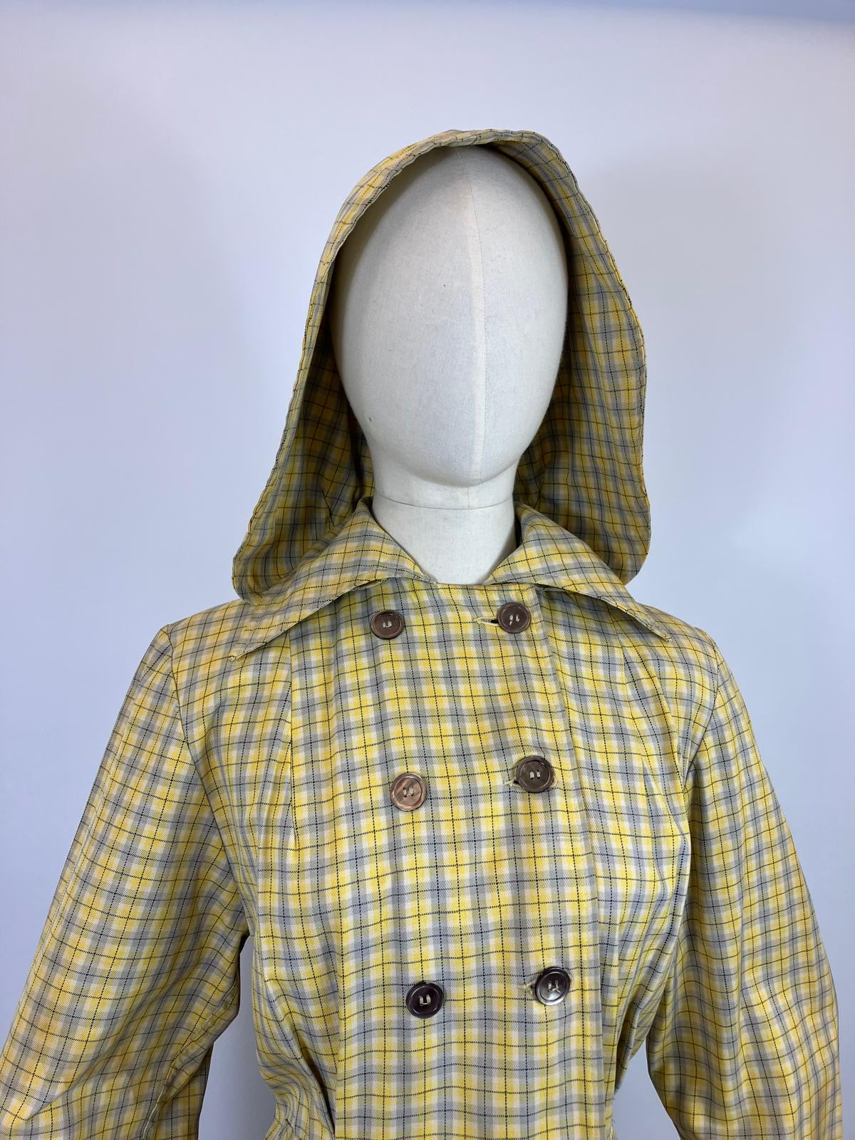 Original 1940’s RARE Hooded Rain Mac - Yellow and Grey plaid