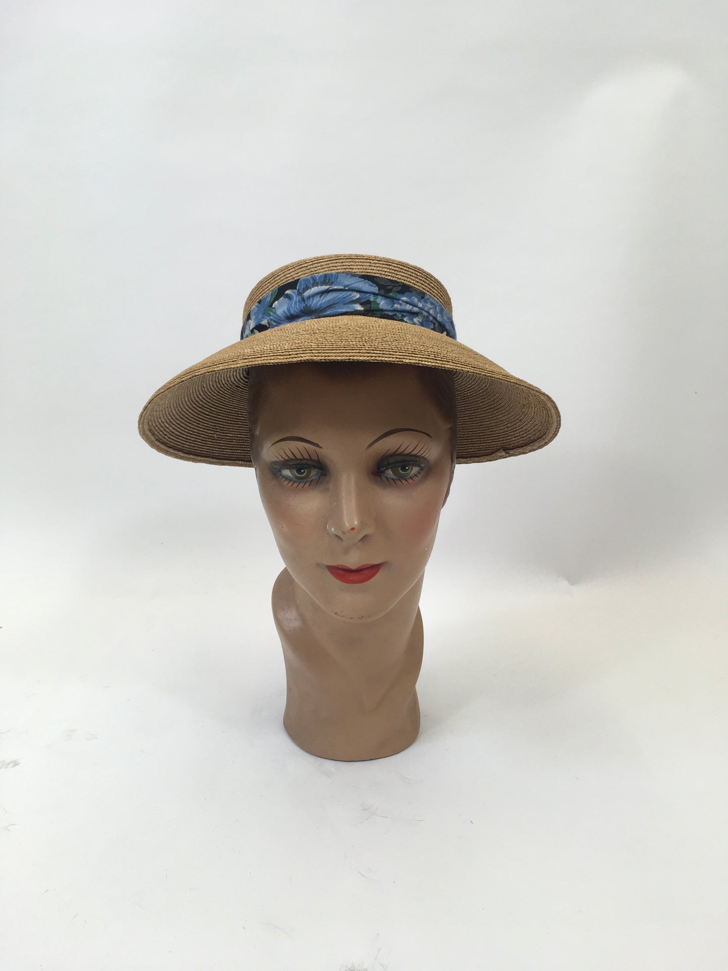 Original 1930’s Gorgeous Natural Straw Hat - Blue floral band