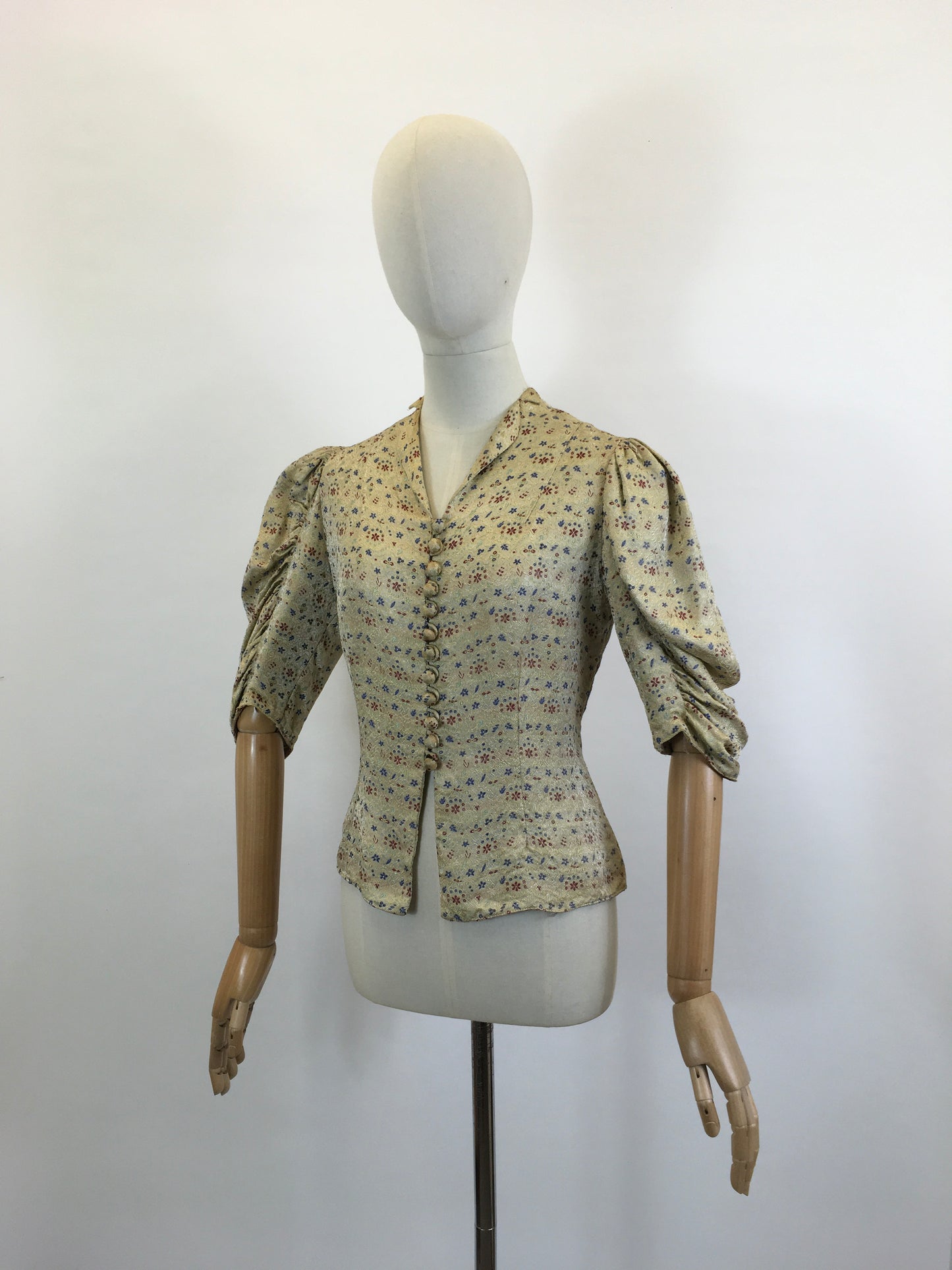 Original 1930’s Fabulous Blouse - Burgundy / Airforce Blue flowers on a bed of Gold.