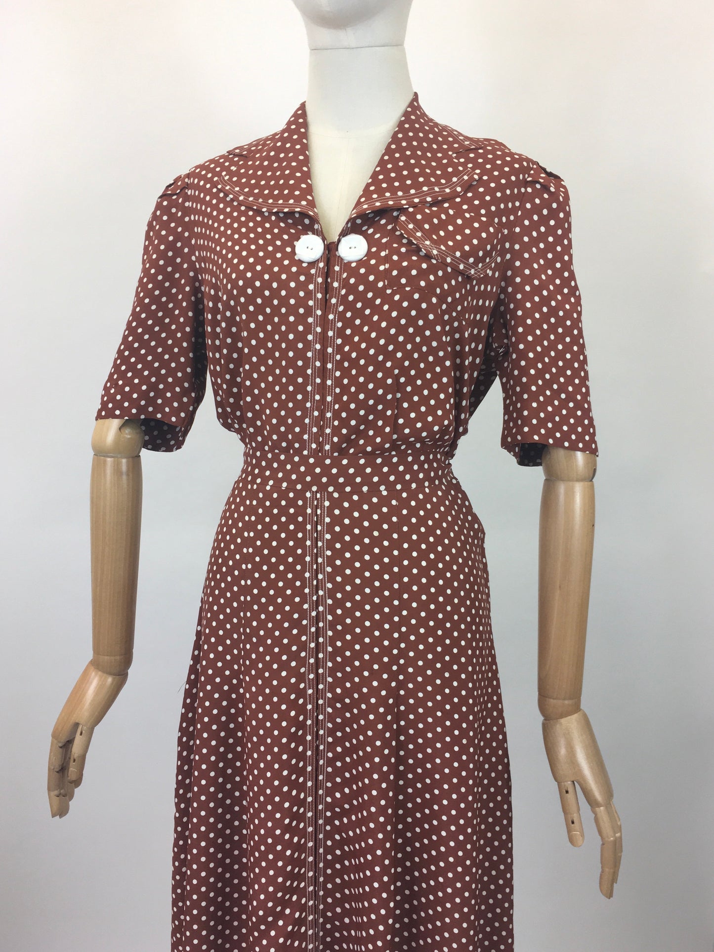 Original 1940s Beautiful Polka Dot Dress - Chestnut Brown with white dots.