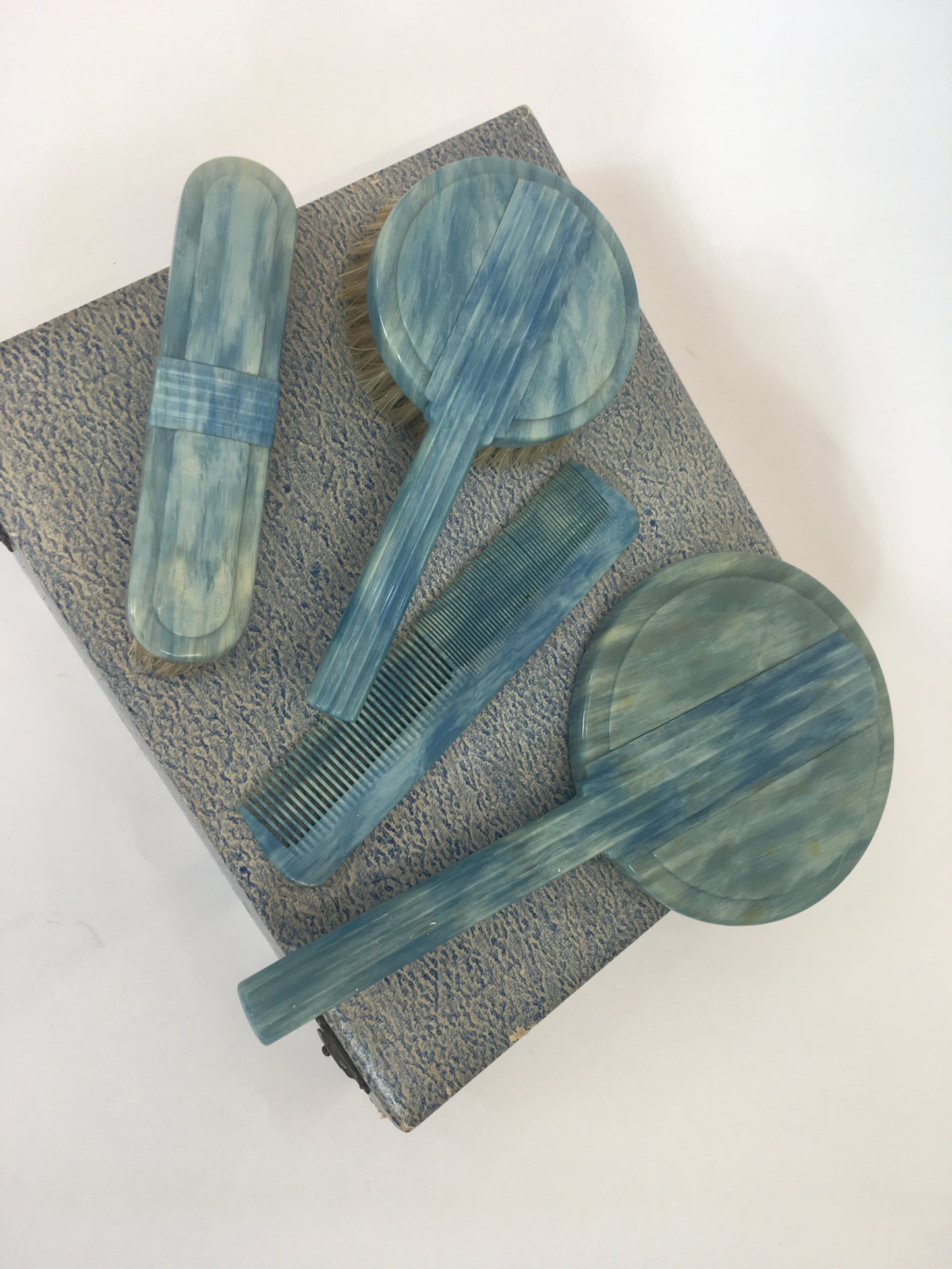 Original early 50’s Phenolic Dressing Table Set - In Mottled Deco Blue In Original Box