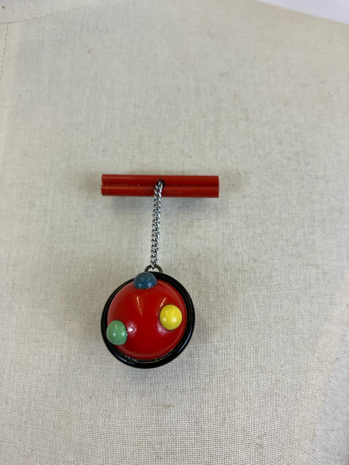 Original 40’s/ 50’s Celluloid Dangly sphere brooch - Red, Yellow, Green and Blue