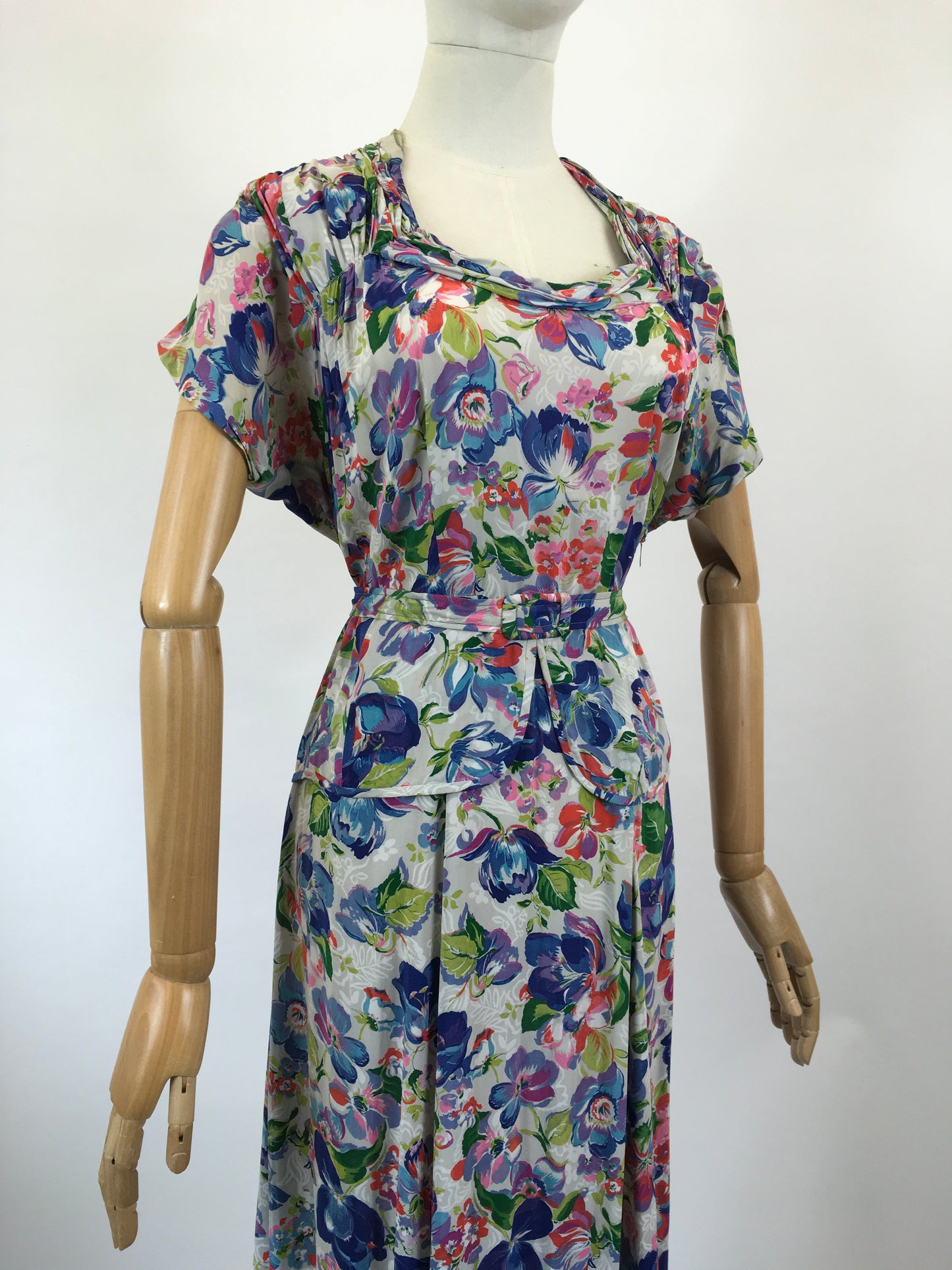 Original 1940’s Beautiful Floral Dress - Multicoloured of Blues, Corals, Fuschia Pink, Mauve and Teal
