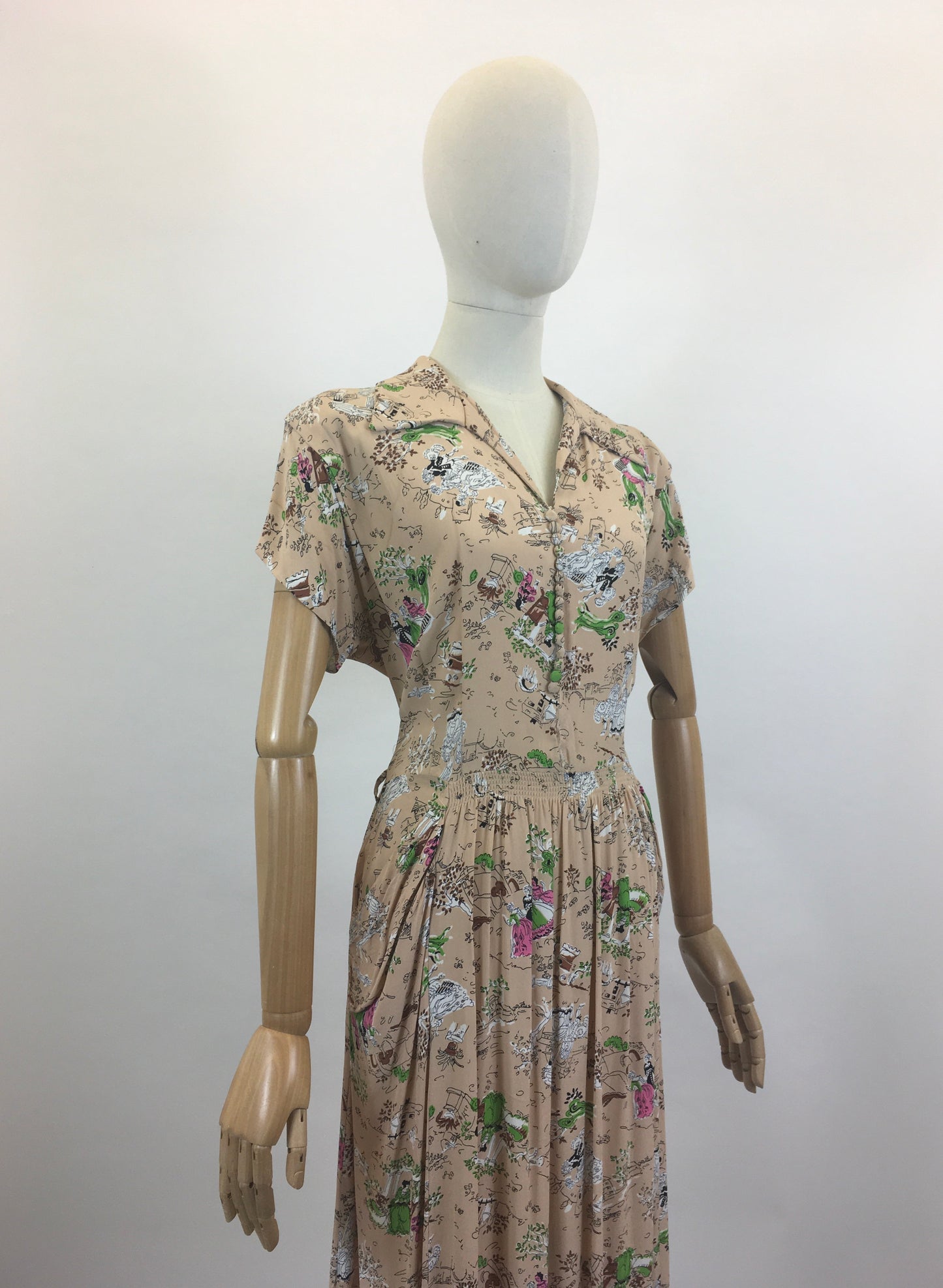 Original 1940's Beautiful Novelty Print Dress -  characters and buildings
