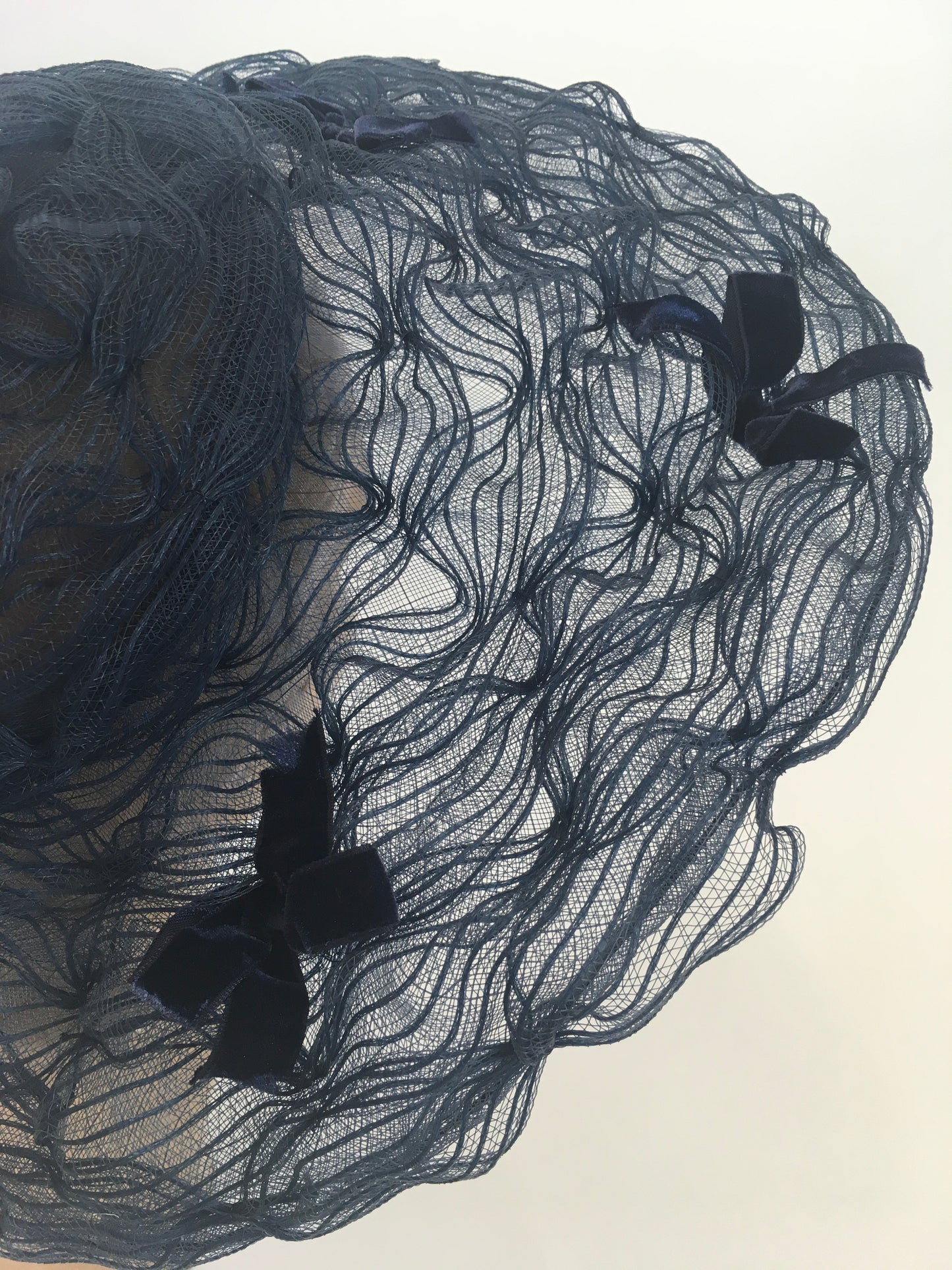 Original Early 1950’s Platter Hat - In A Sheer Navy with Velvet Ribbon Bows