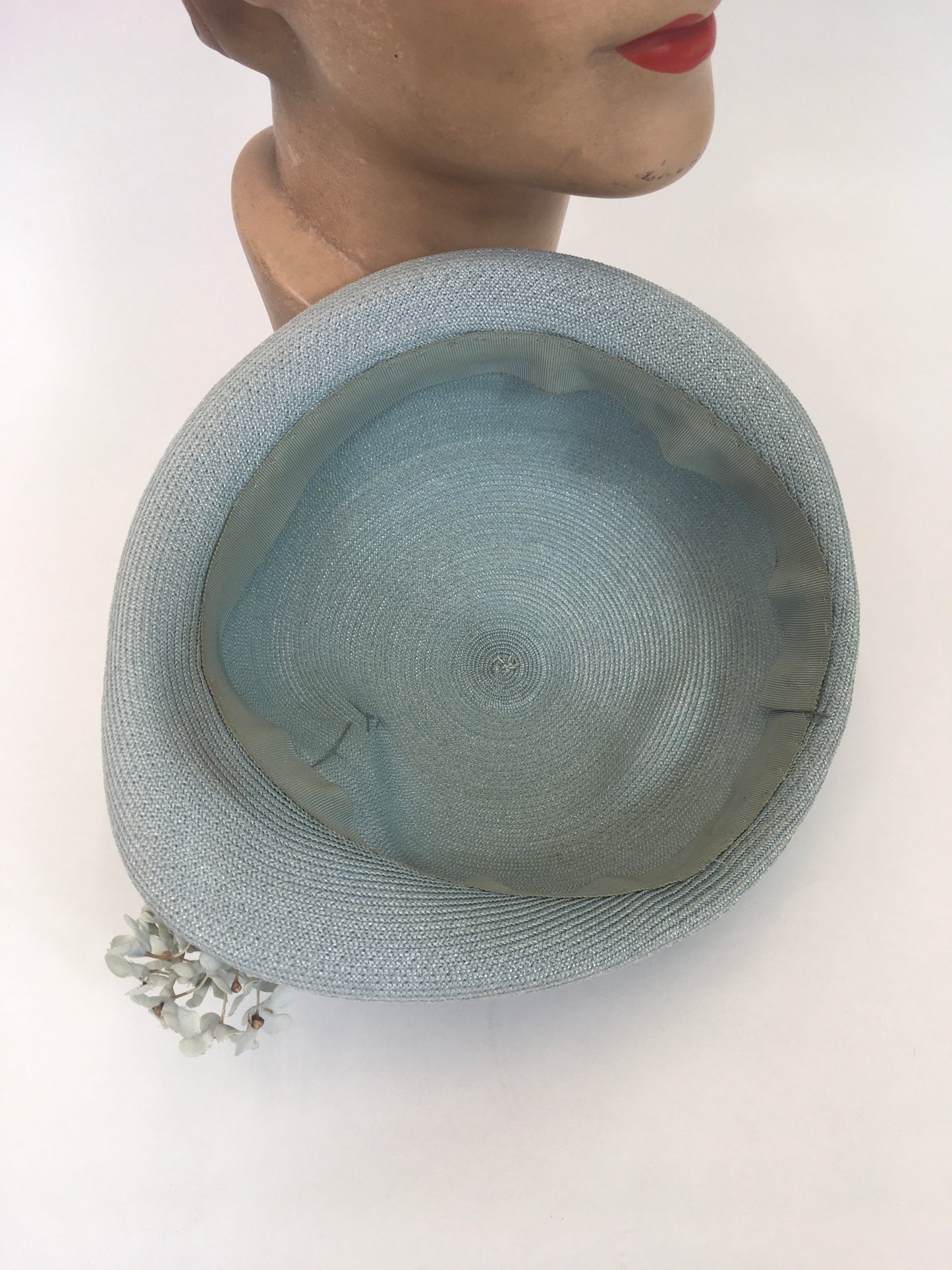 Original 1930’s Gorgeous  Fine Natural Straw Hat - In Pale Blue with Floral Millinery