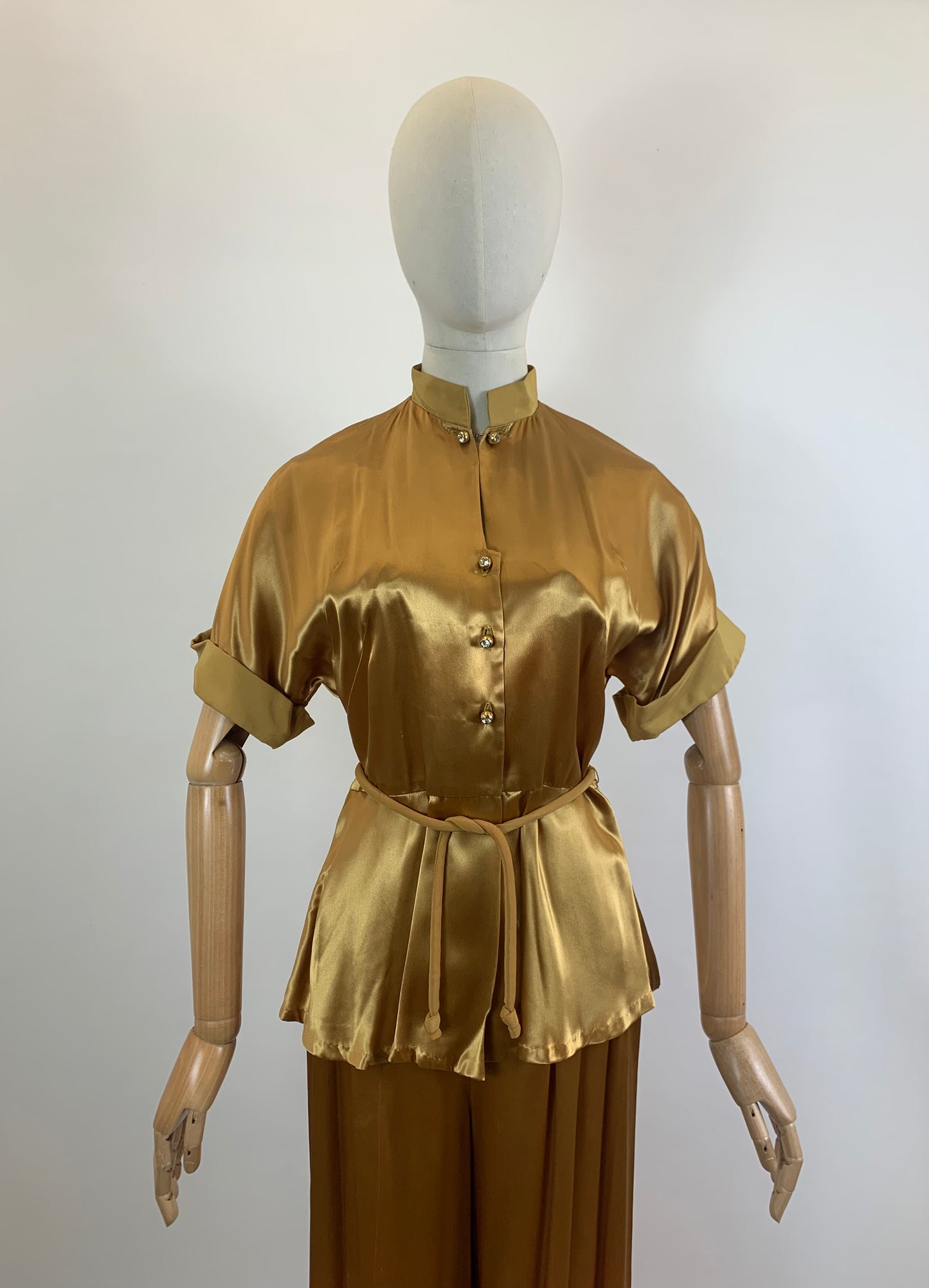 Original 1940's Sublime 3pc Pant Suit in an Old Gold Silk Rayon oozing Old Hollywood Glamour