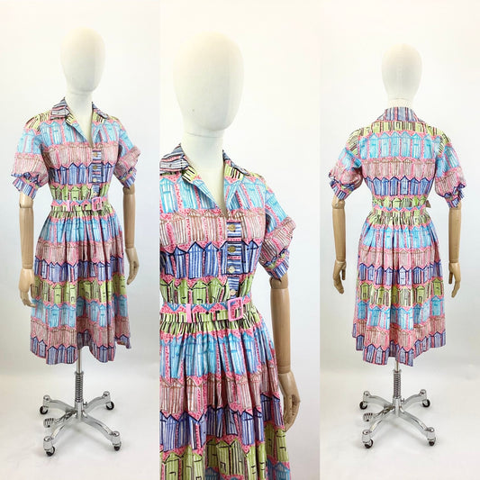 Original 50’s Fabulous Novelty Print dress -  vibrant Beach Huts