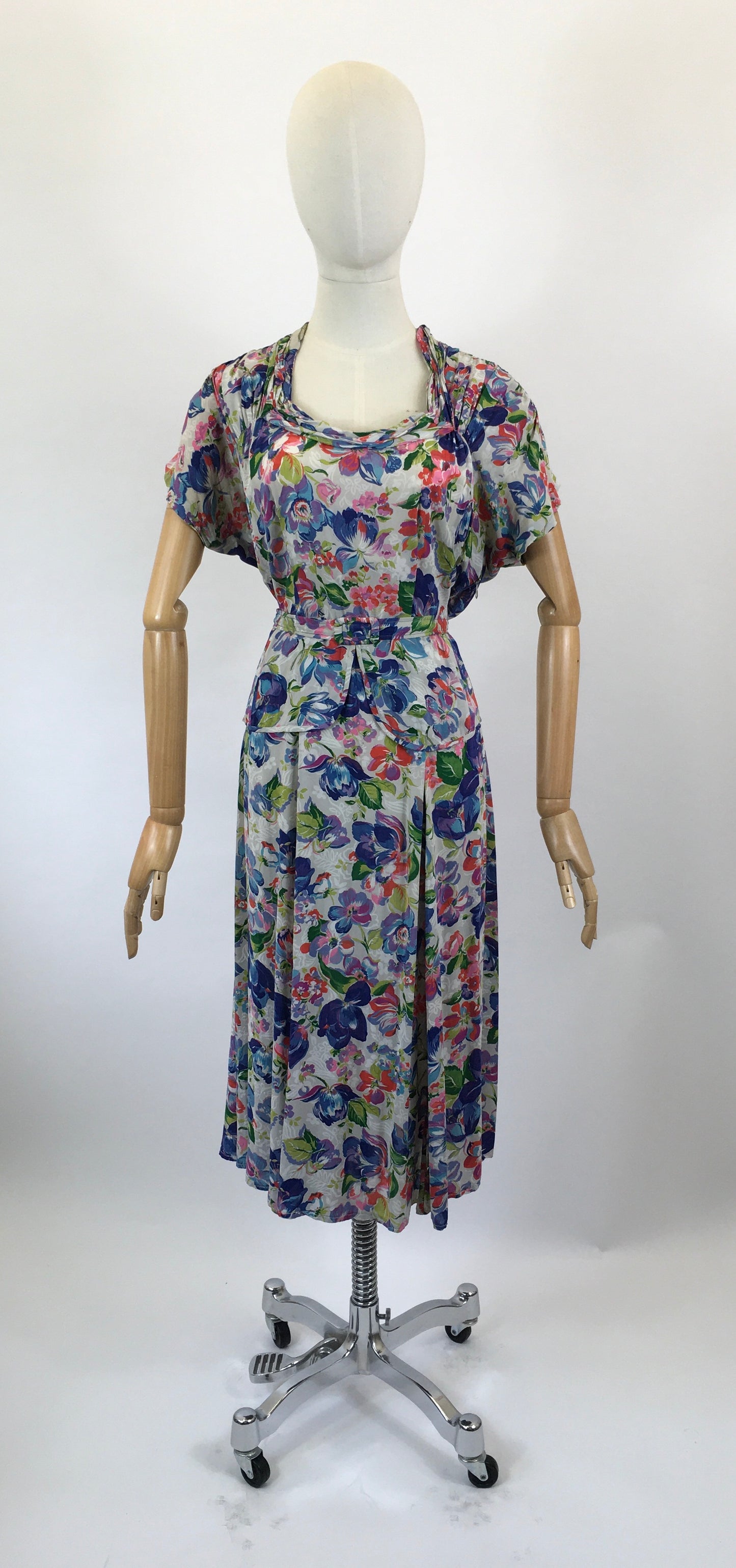 Original 1940’s Beautiful Floral Dress - Multicoloured of Blues, Corals, Fuschia Pink, Mauve and Teal