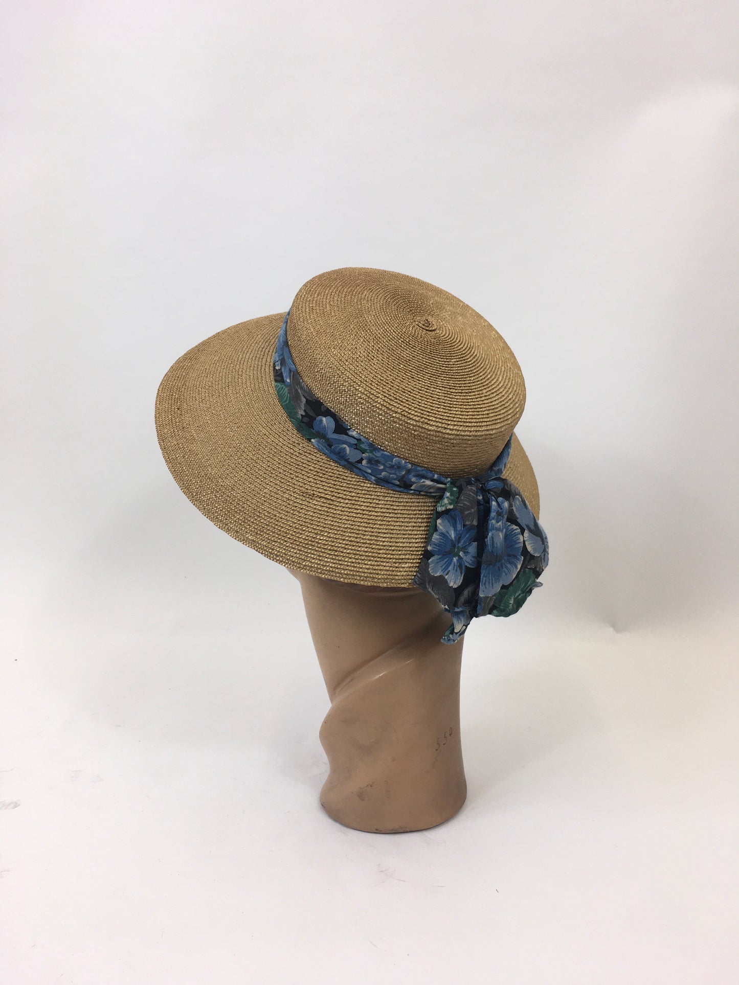 Original 1930’s Gorgeous Natural Straw Hat - Blue floral band