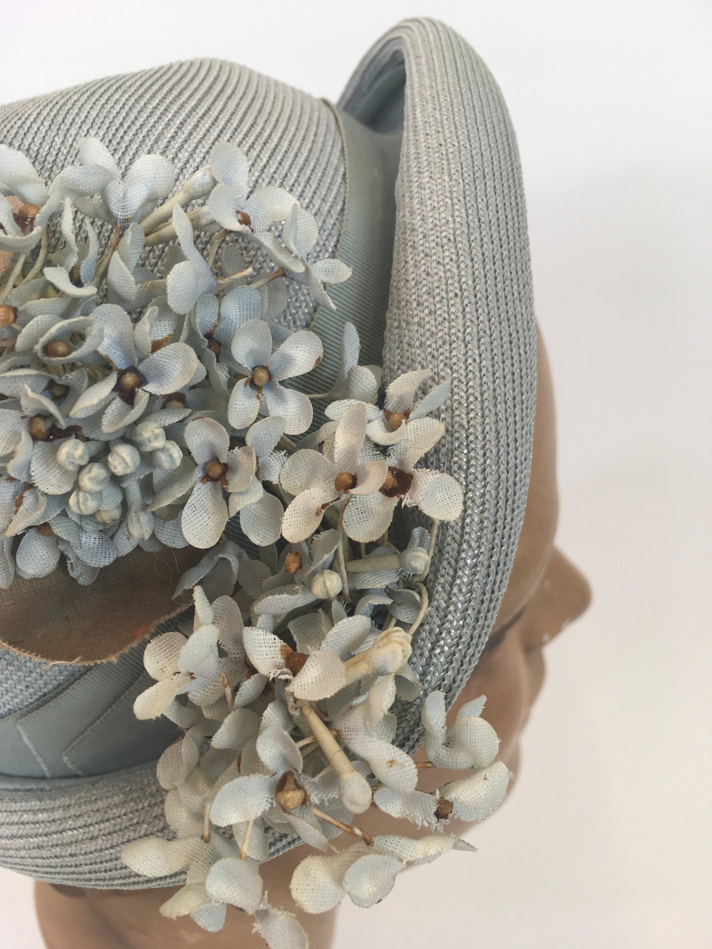 Original 1930’s Gorgeous  Fine Natural Straw Hat - In Pale Blue with Floral Millinery