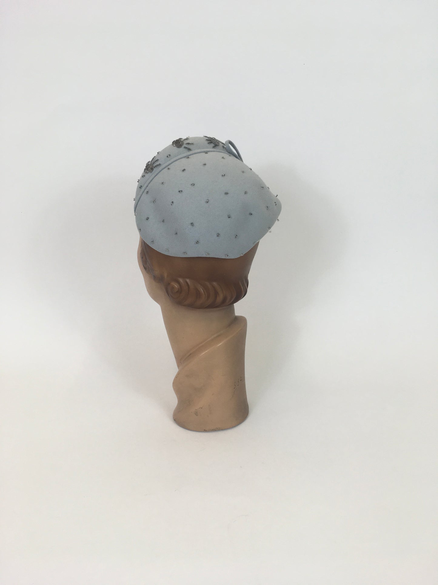 Original 1950s Darling Felt Headpiece - In A Pale Blue With Beadwork