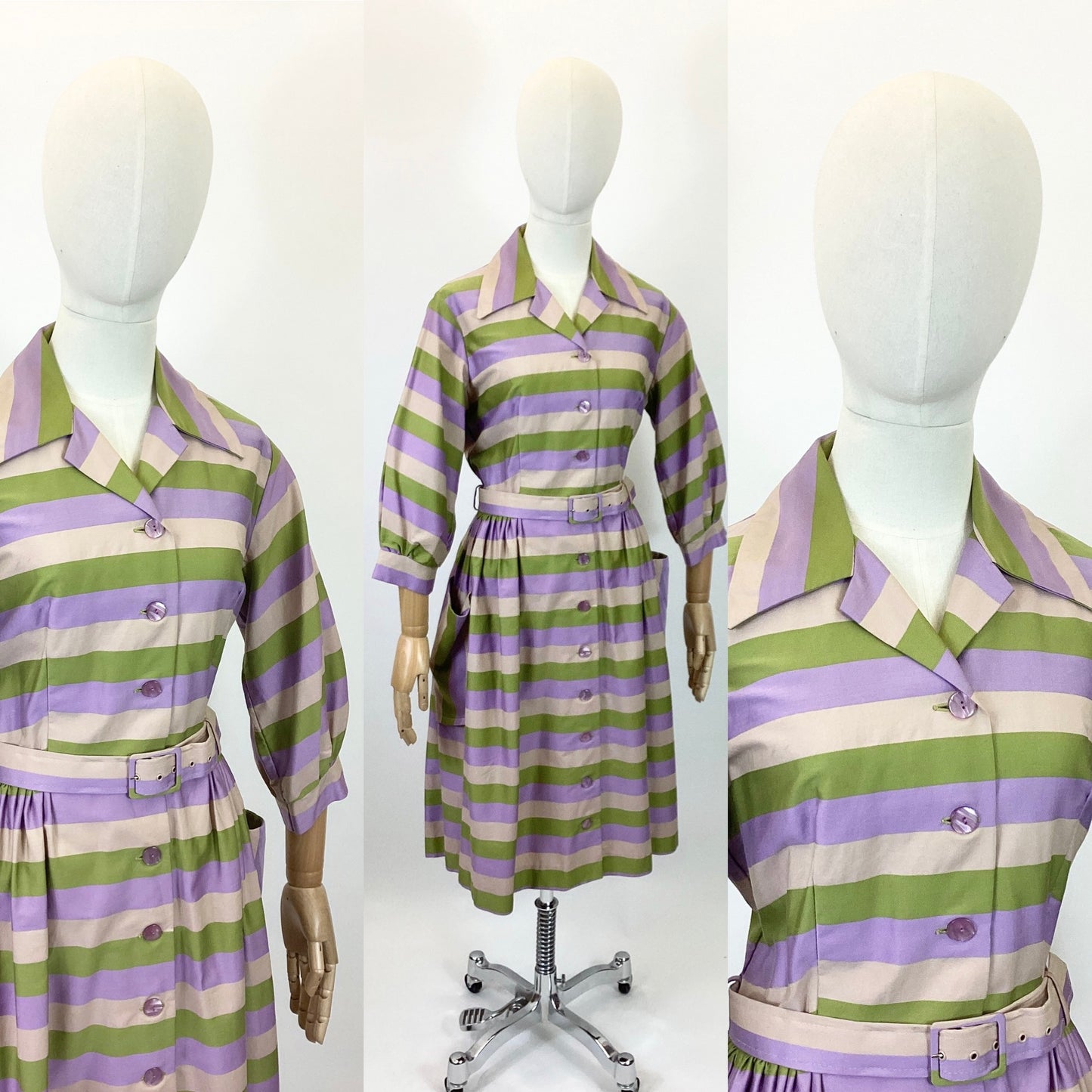 Original 1950’s Beautiful Shirtwaister dress - striped lilac, green and mushroom colourway