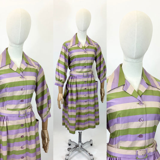 Original 1950’s Beautiful Shirtwaister dress - striped lilac, green and mushroom colourway