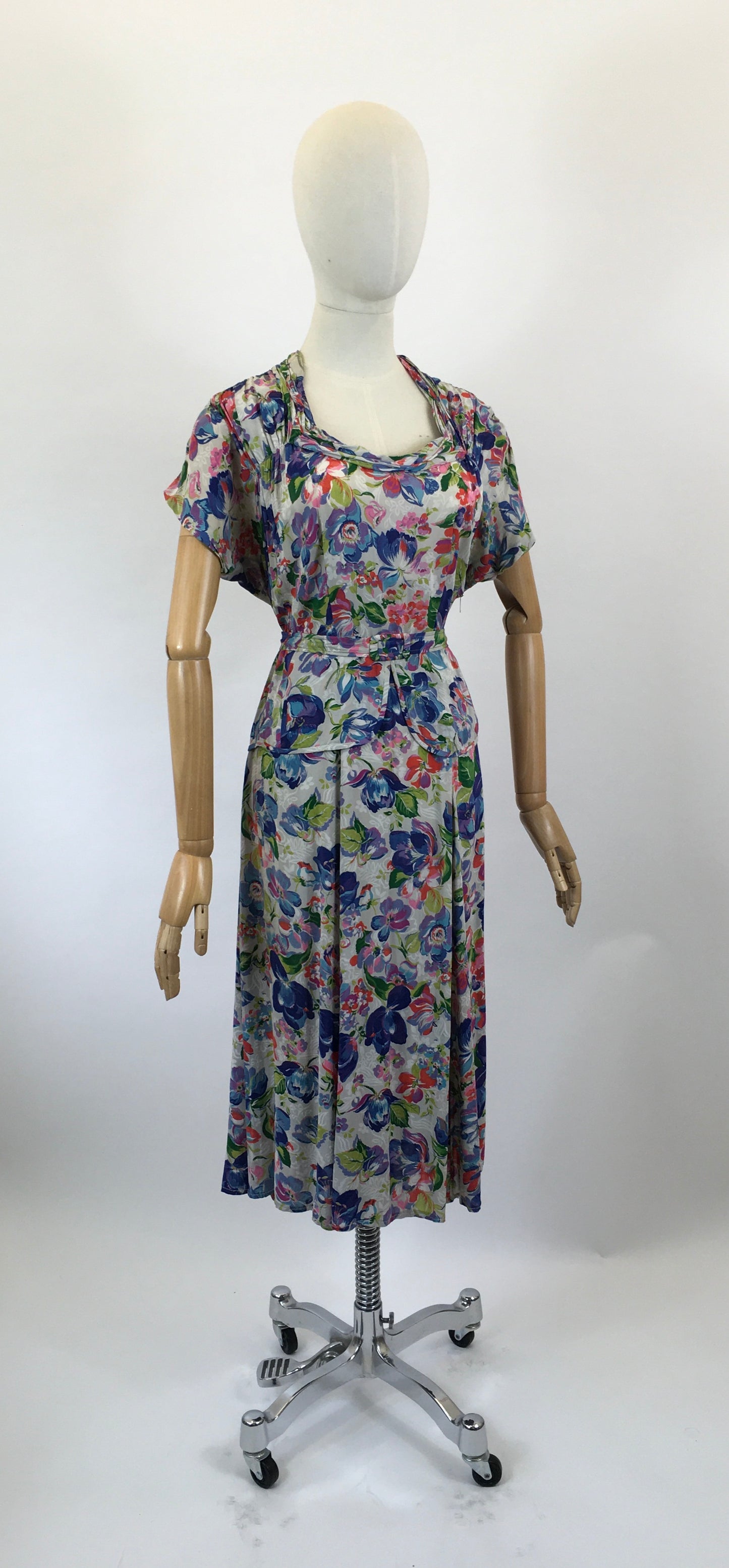 Original 1940’s Beautiful Floral Dress - Multicoloured of Blues, Corals, Fuschia Pink, Mauve and Teal