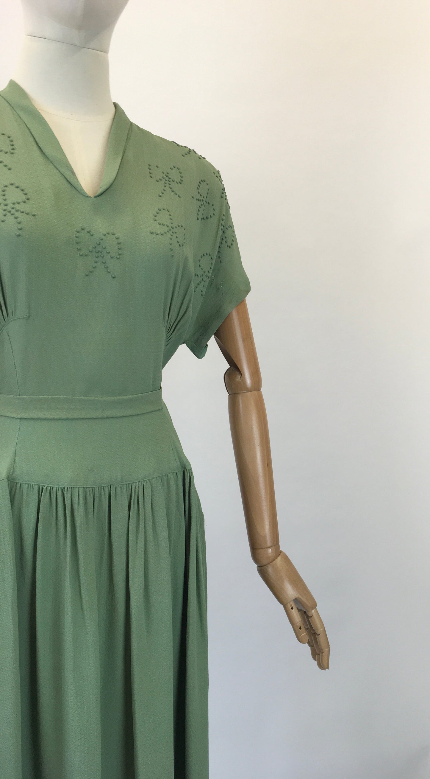 Original 1940s Beautiful Beaded Crepe dress - in a Soft Sage Green colourway
