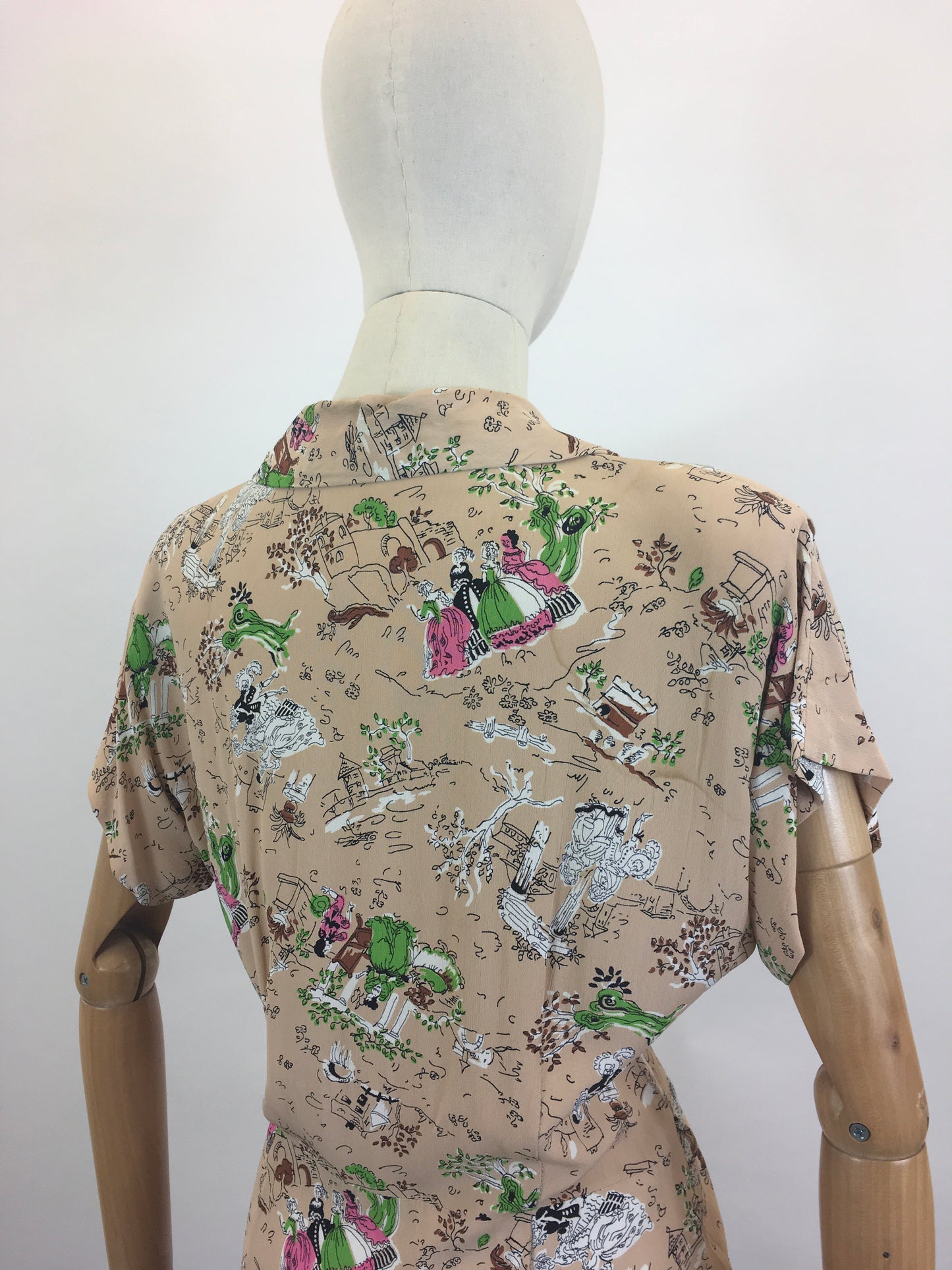 Original 1940's Beautiful Novelty Print Dress -  characters and buildings