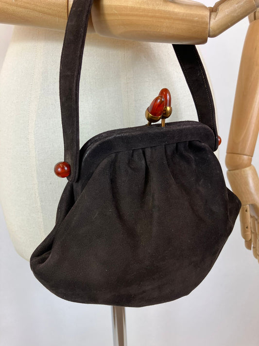 Original 1940’s Single handle Suede Handbag - Rich Dark Brown