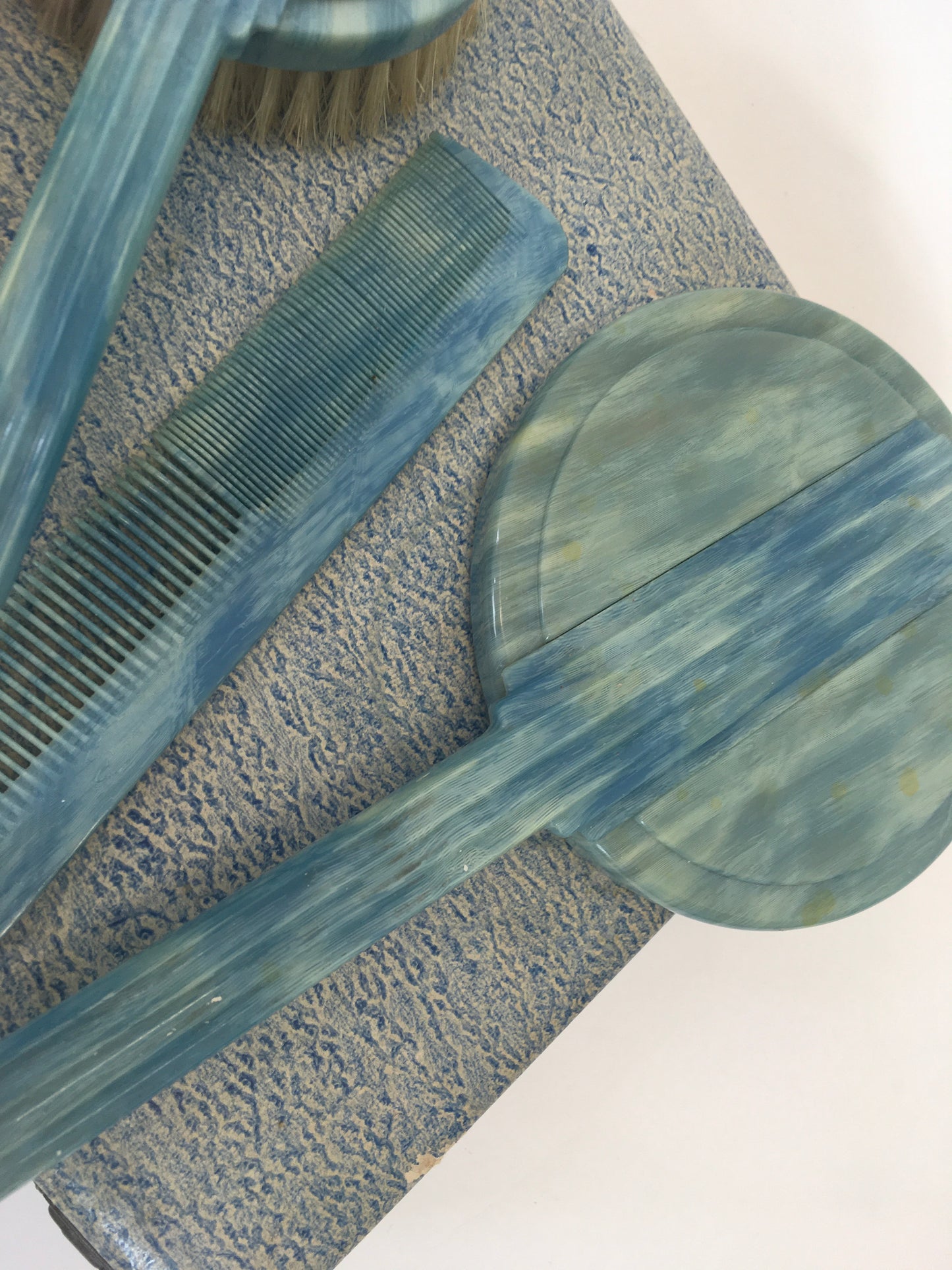 Original early 50’s Phenolic Dressing Table Set - In Mottled Deco Blue In Original Box