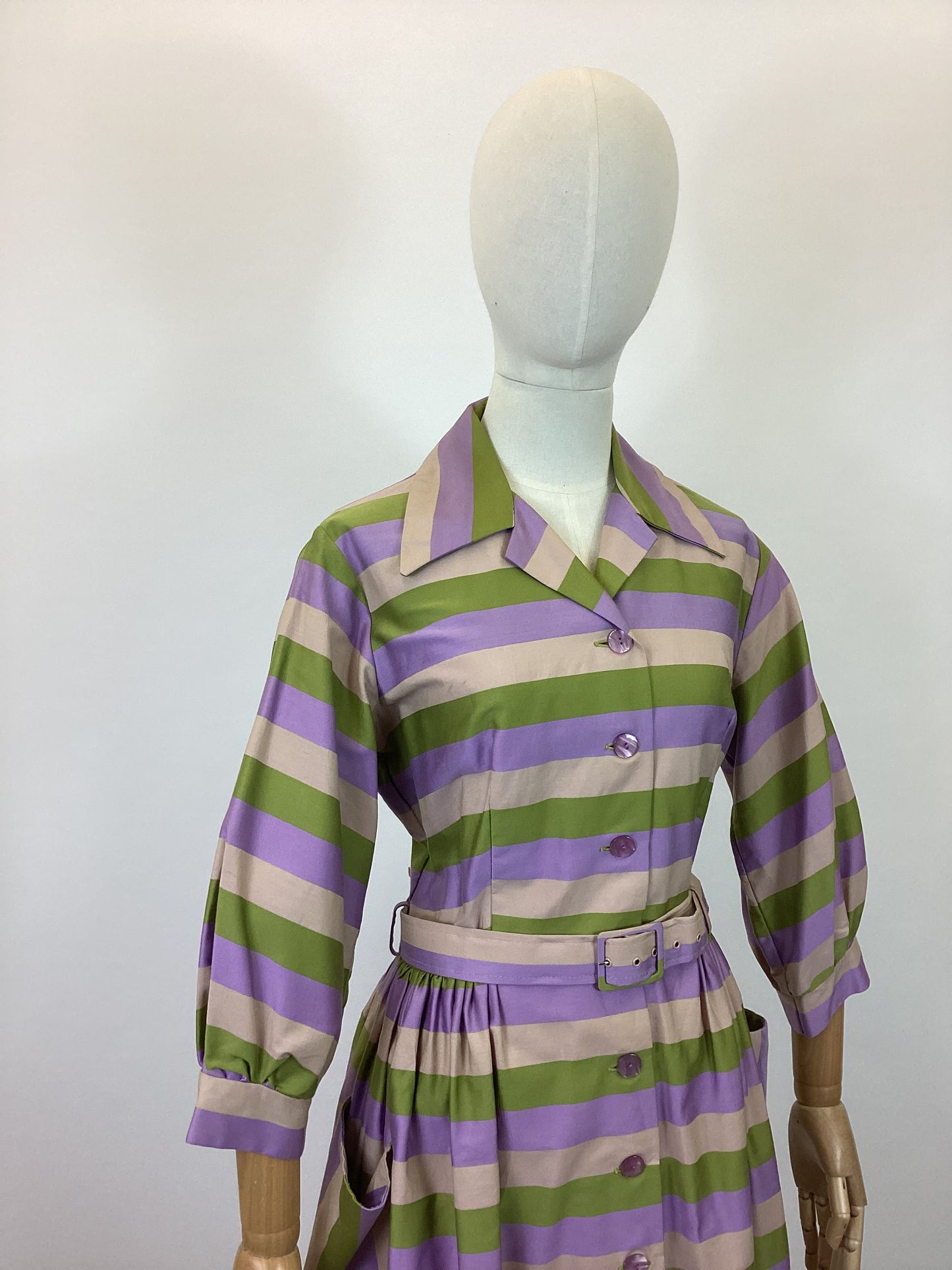 Original 1950’s Beautiful Shirtwaister dress - striped lilac, green and mushroom colourway
