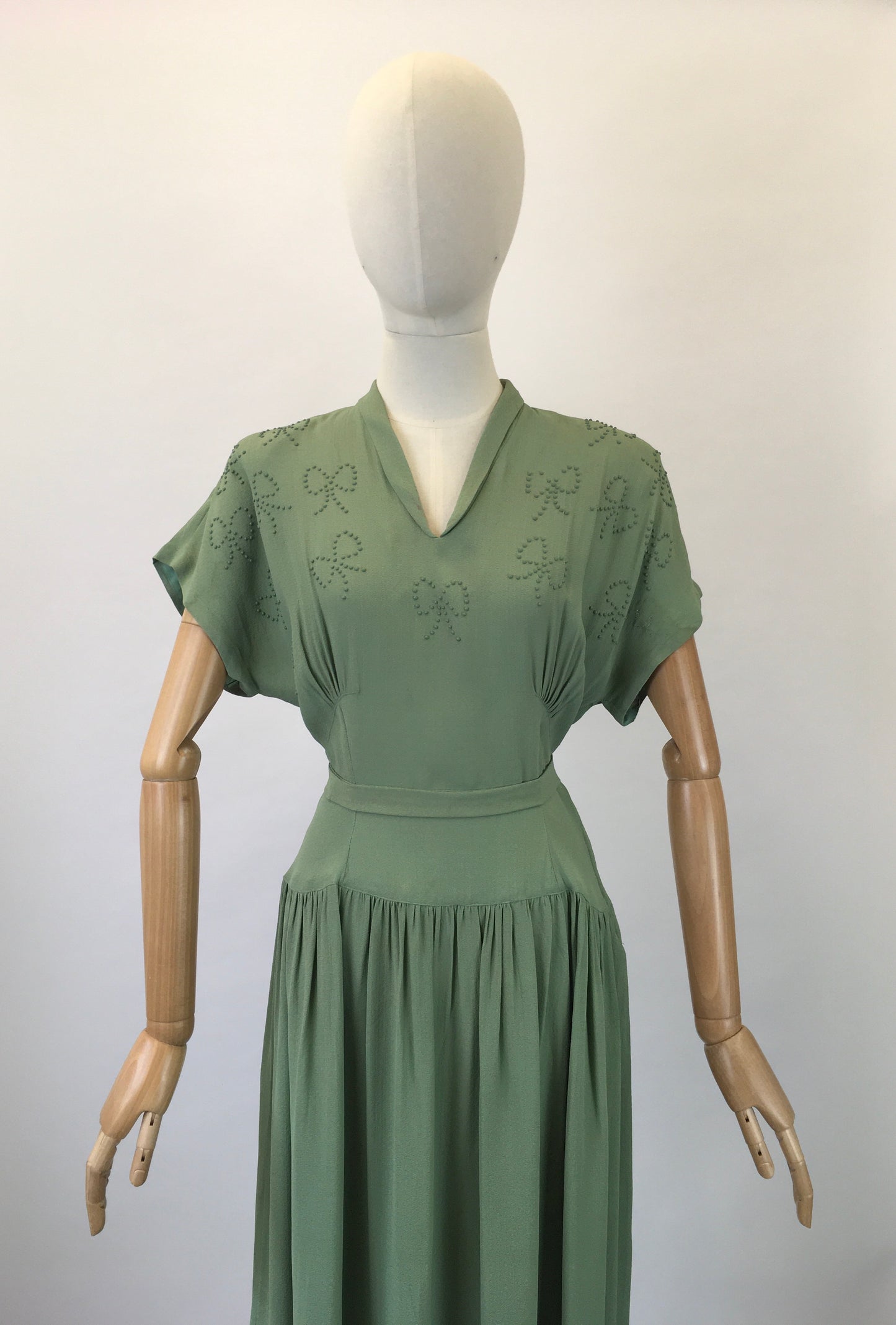 Original 1940s Beautiful Beaded Crepe dress - in a Soft Sage Green colourway