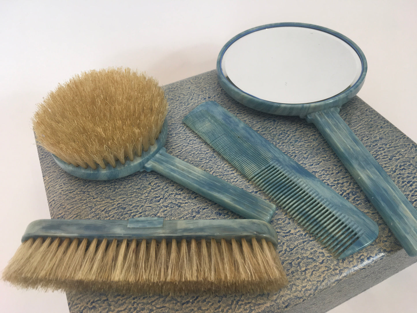Original early 50’s Phenolic Dressing Table Set - In Mottled Deco Blue In Original Box