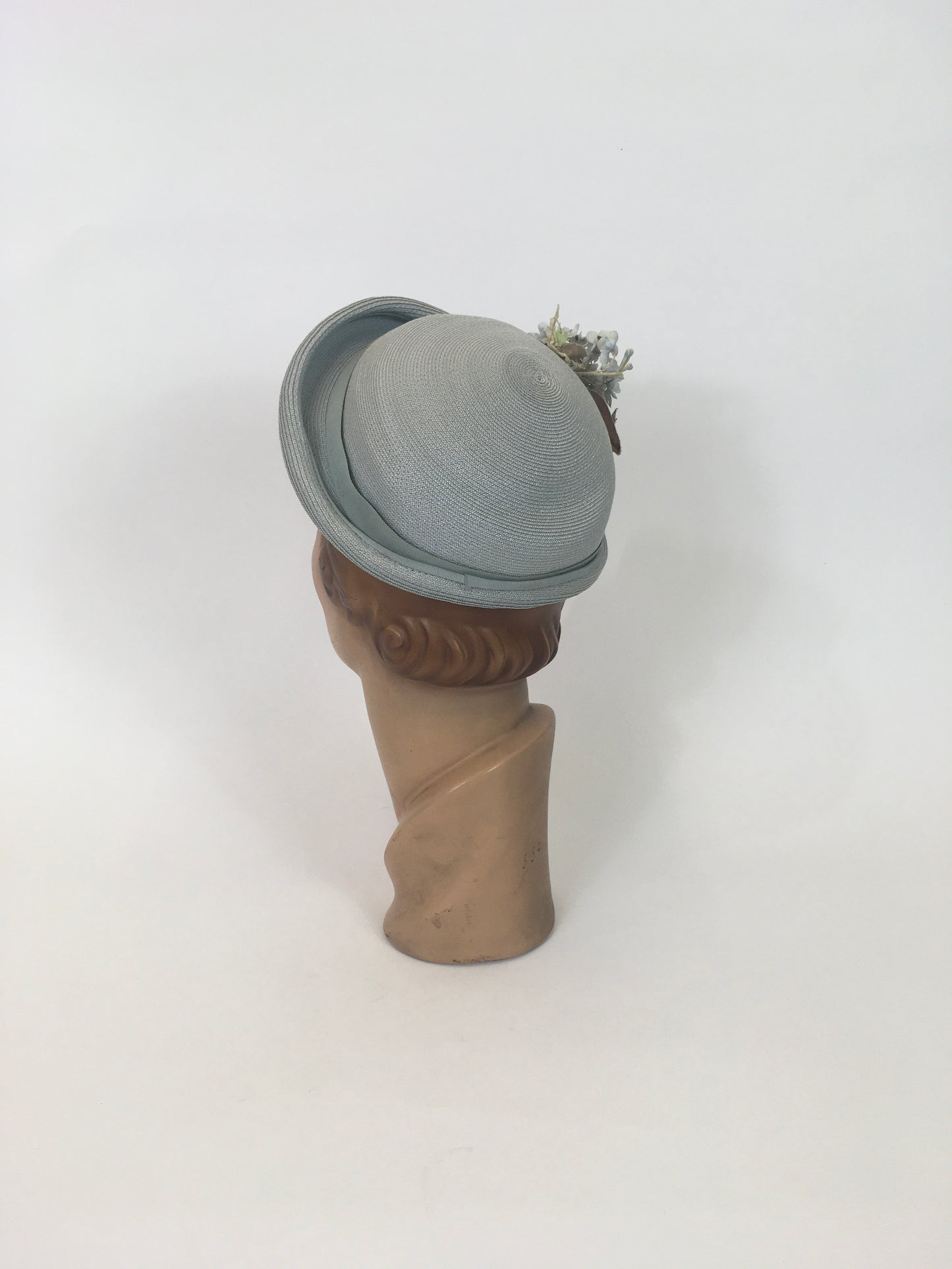 Original 1930’s Gorgeous  Fine Natural Straw Hat - In Pale Blue with Floral Millinery