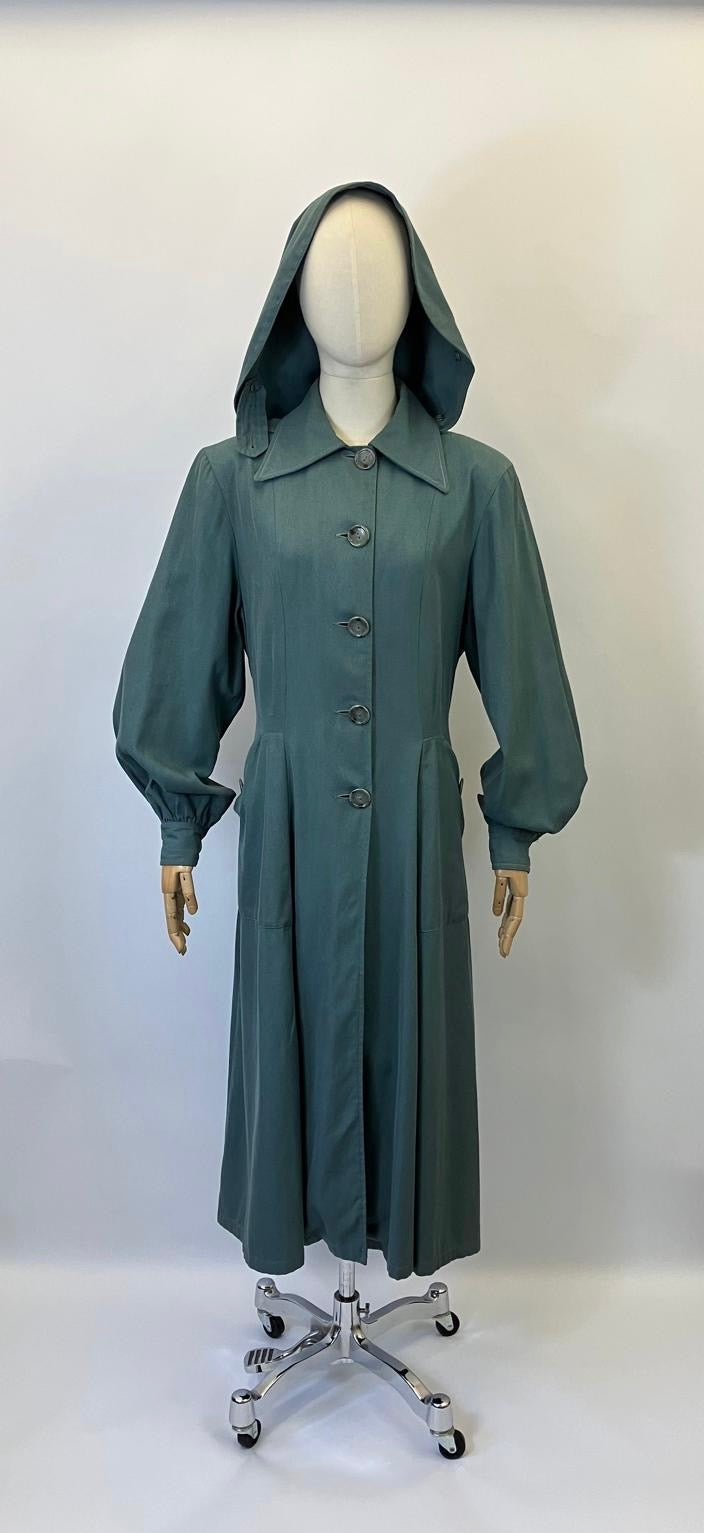 Original 1940’s RARE Amazing Hooded Rain Coat - in Airforce Blue
