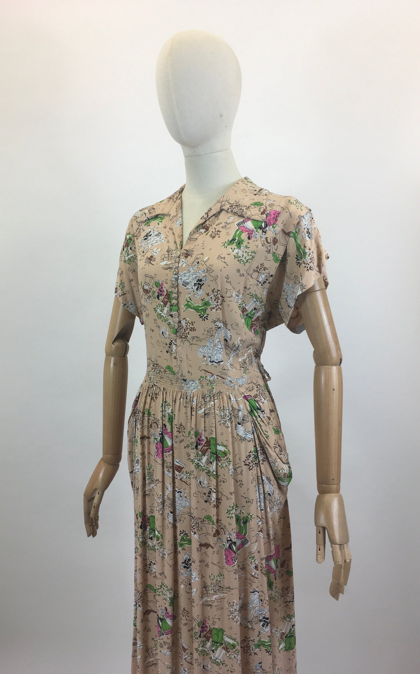Original 1940's Beautiful Novelty Print Dress -  characters and buildings