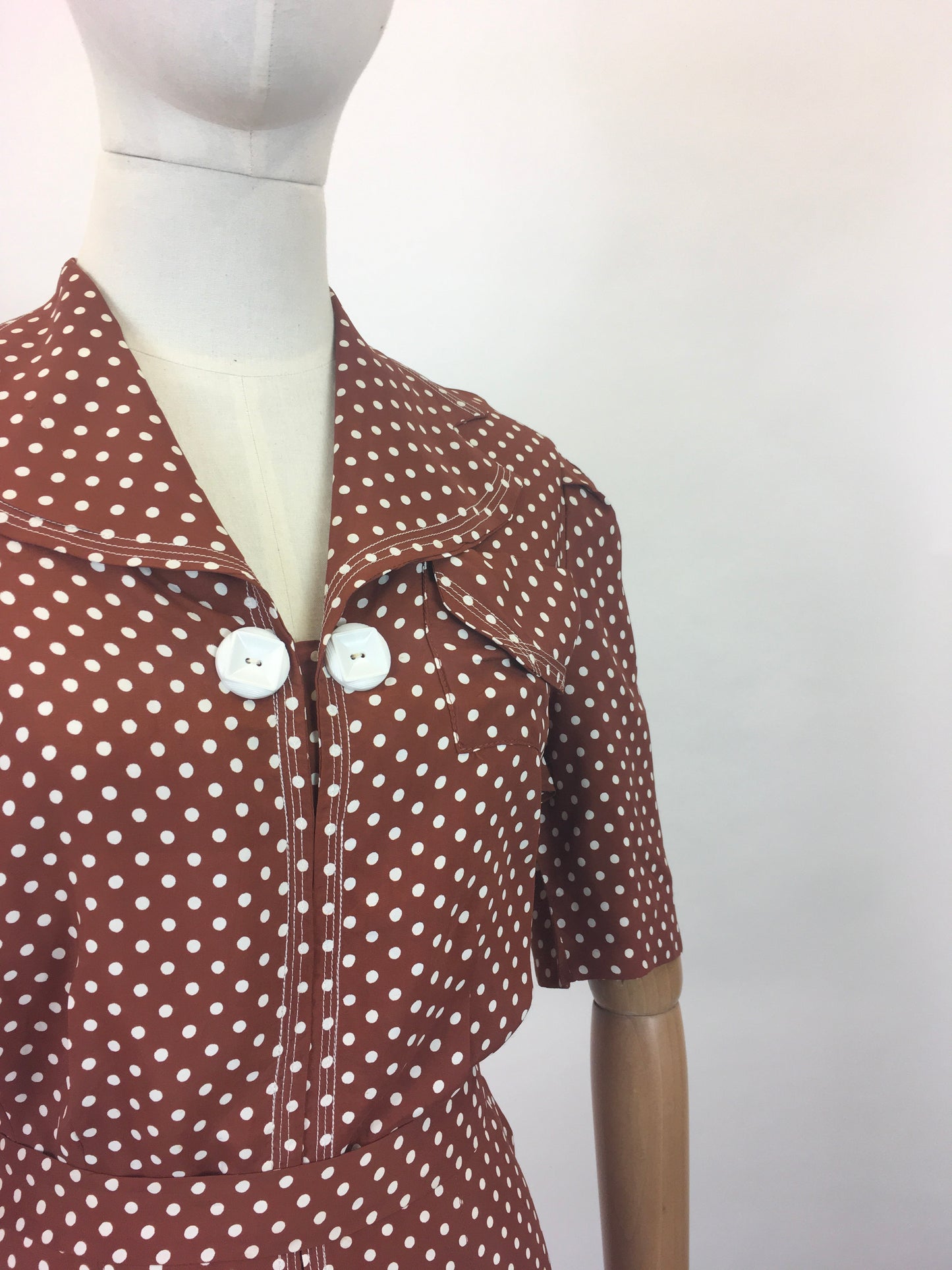 Original 1940s Beautiful Polka Dot Dress - Chestnut Brown with white dots.