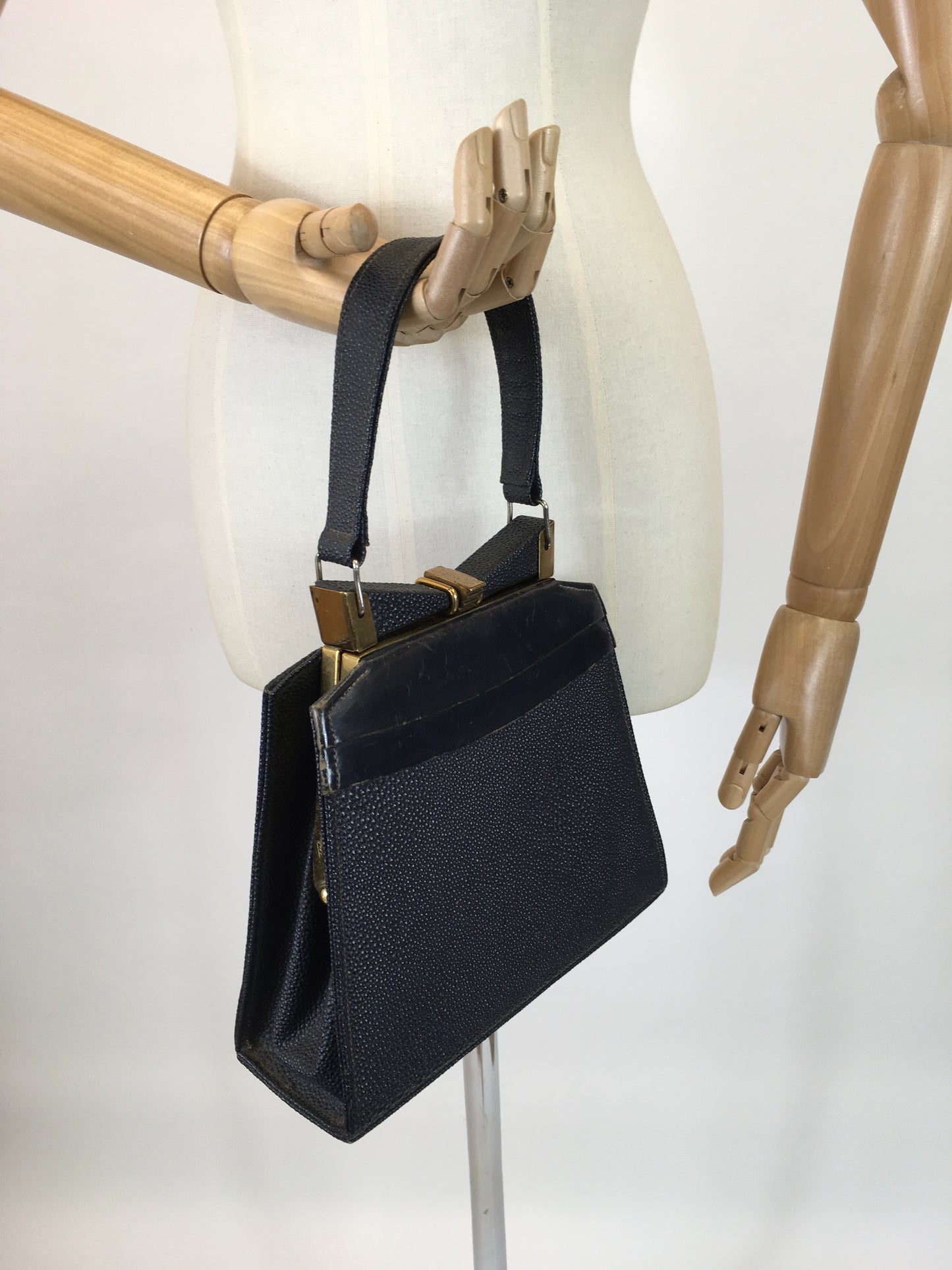 Original 1930s Art Deco Handbag - Navy on a gold tone frame