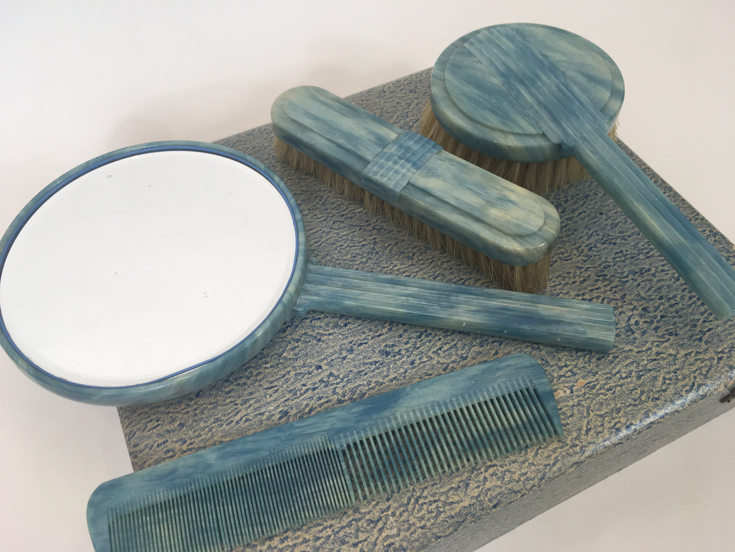 Original early 50’s Phenolic Dressing Table Set - In Mottled Deco Blue In Original Box
