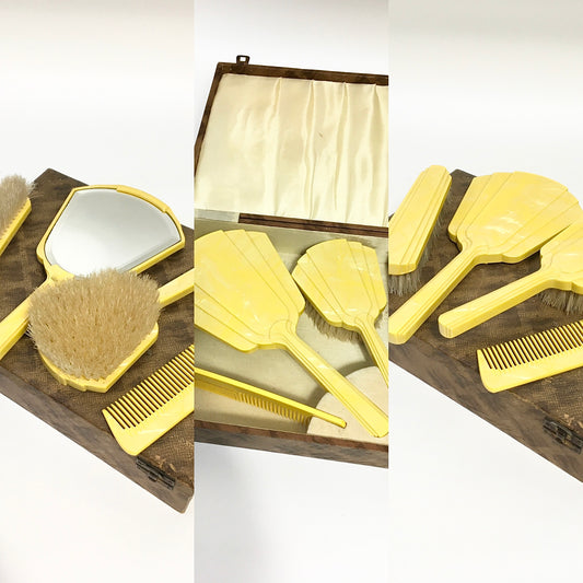 Original  1940’s /50’s Phenolic 4pc  Dressing Table Set - in Canary Yellow marl