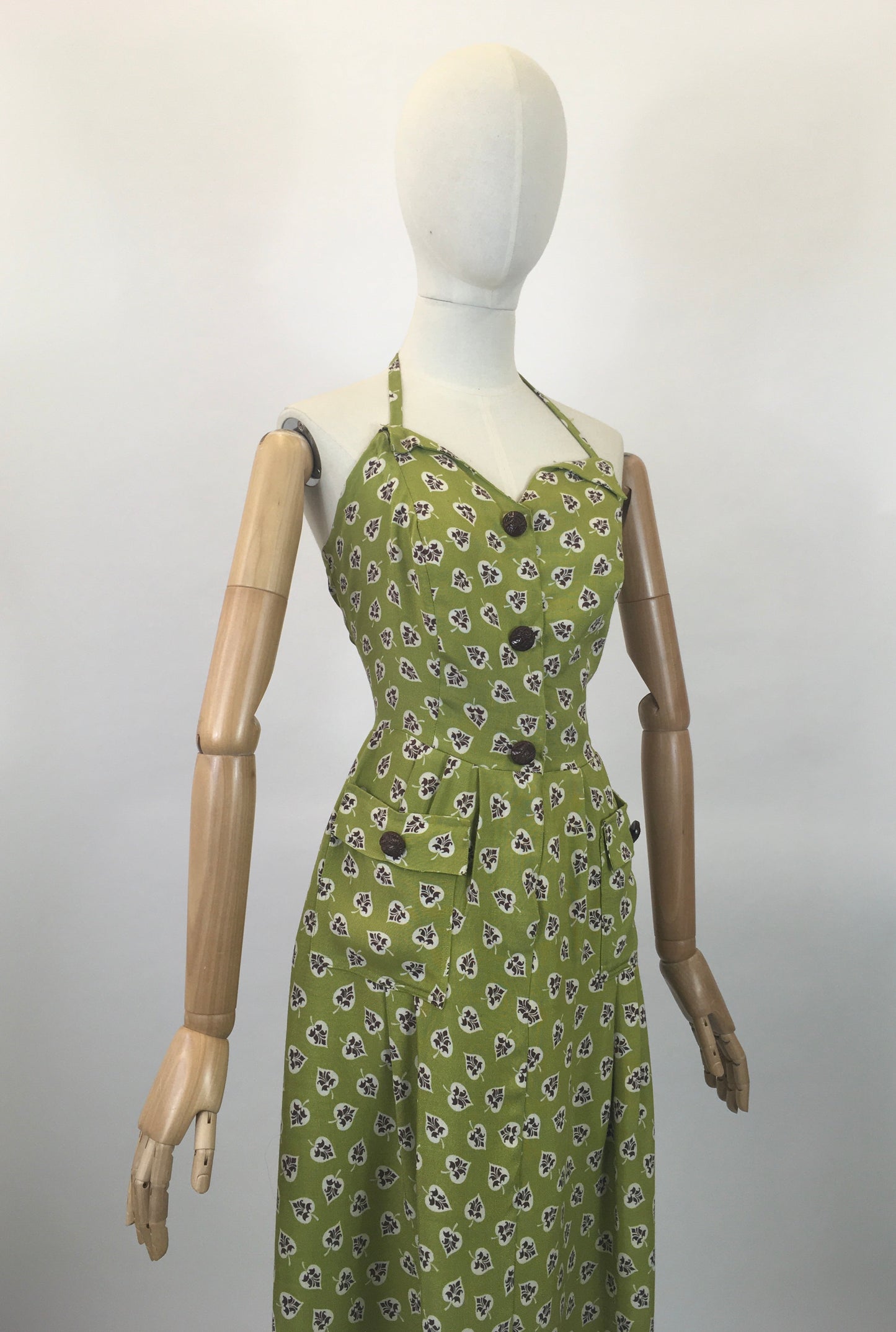 Original 1940’s Moygashel Linen Sundress -in Chautreuse / Cream and Brown