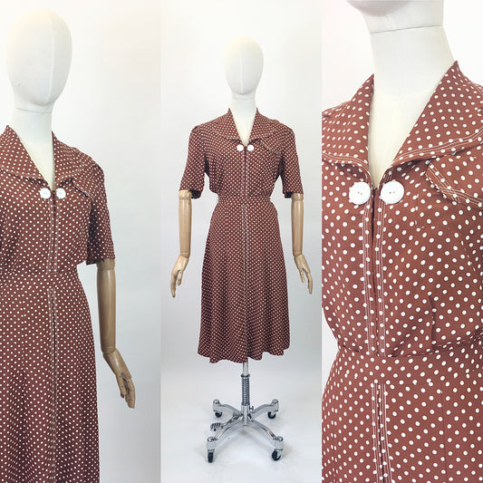 Original 1940s Beautiful Polka Dot Dress - Chestnut Brown with white dots.