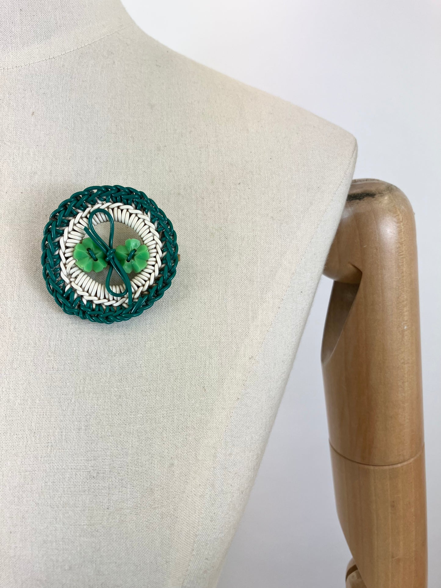 Original 1940's Make Do & Mend Cord Brooch - Jade Green / White