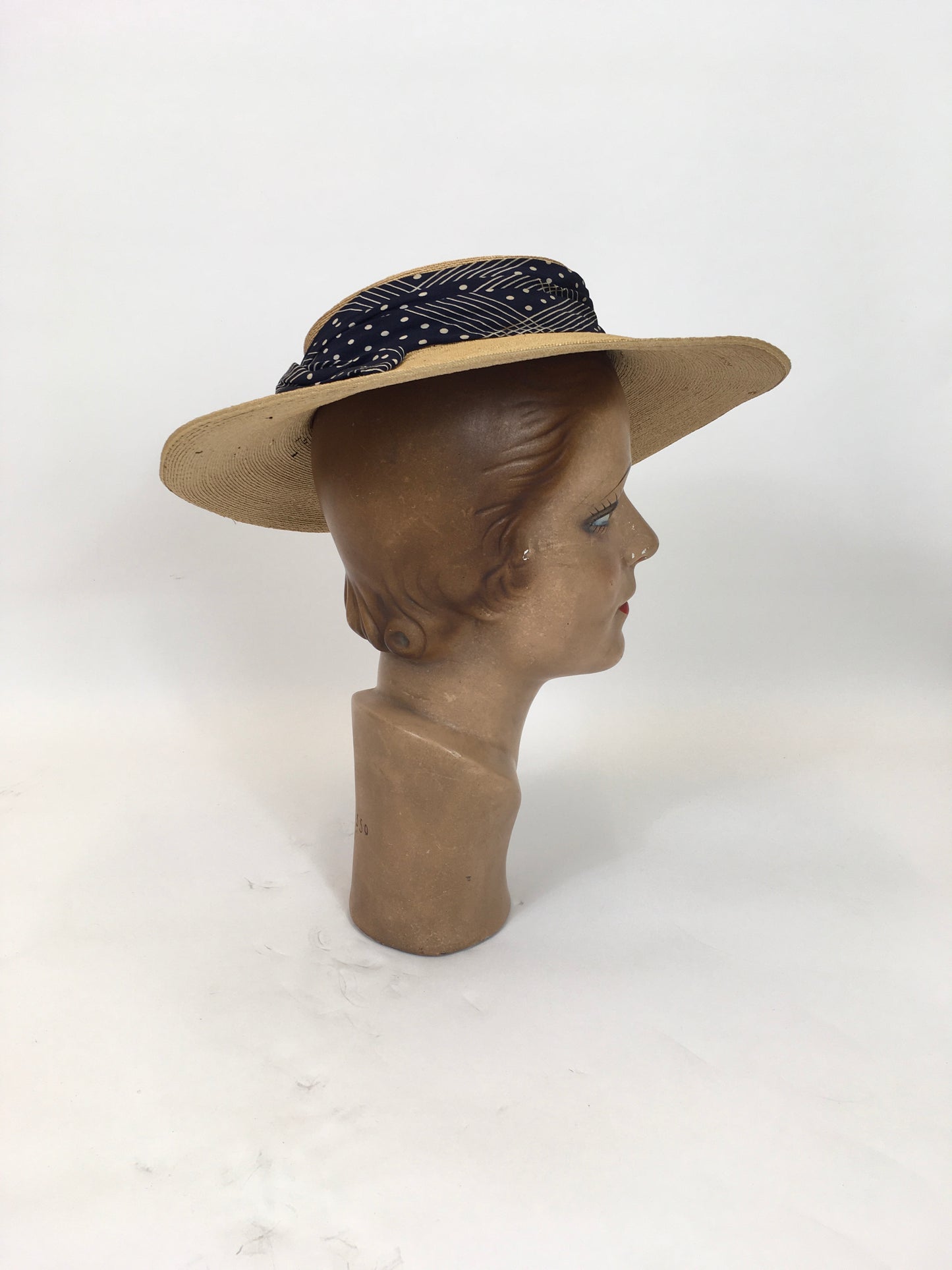 Original 1930s Natural fine Straw Hat - with a Deco ribbon in Navy/white combination.