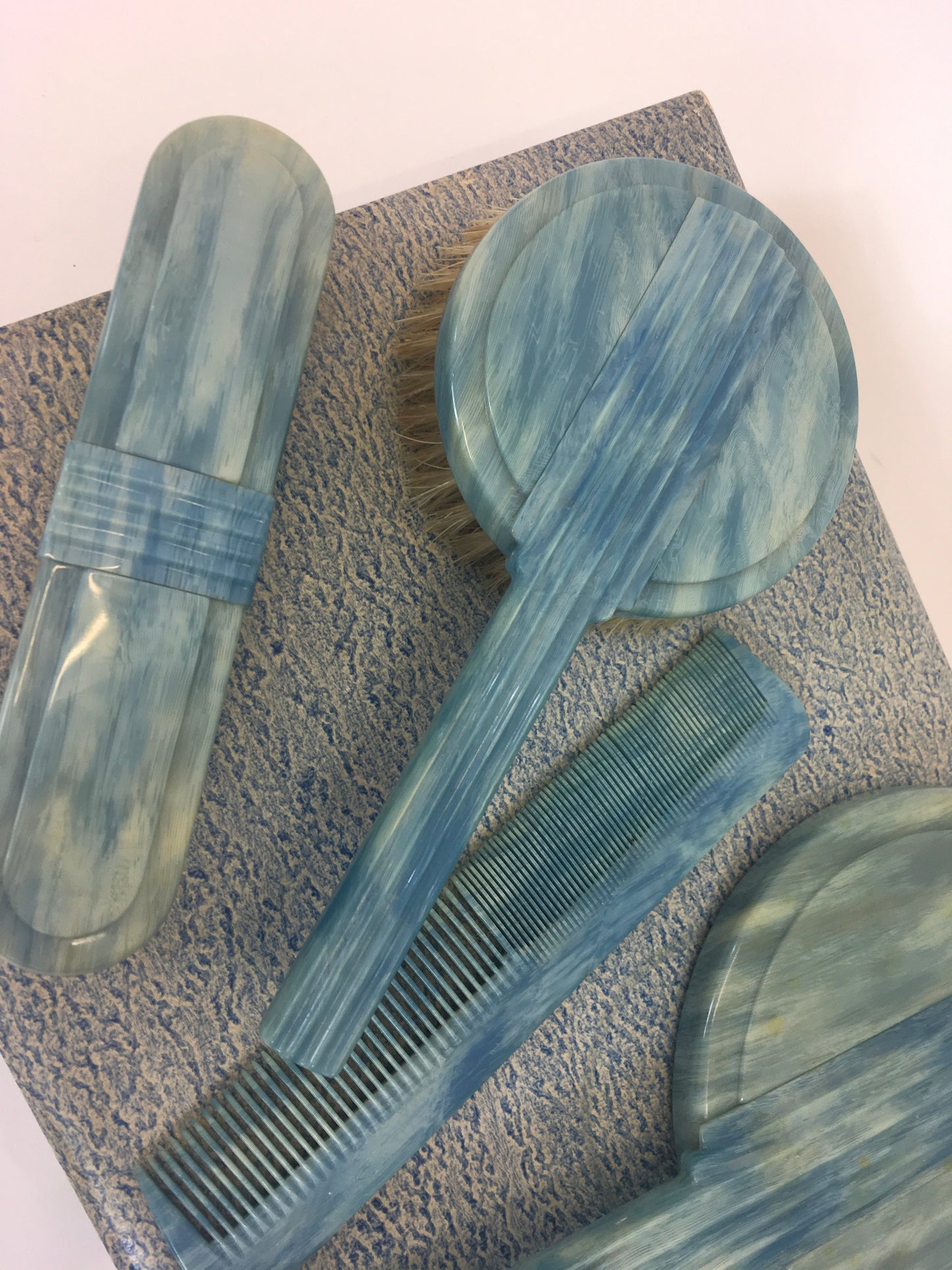 Original early 50’s Phenolic Dressing Table Set - In Mottled Deco Blue In Original Box