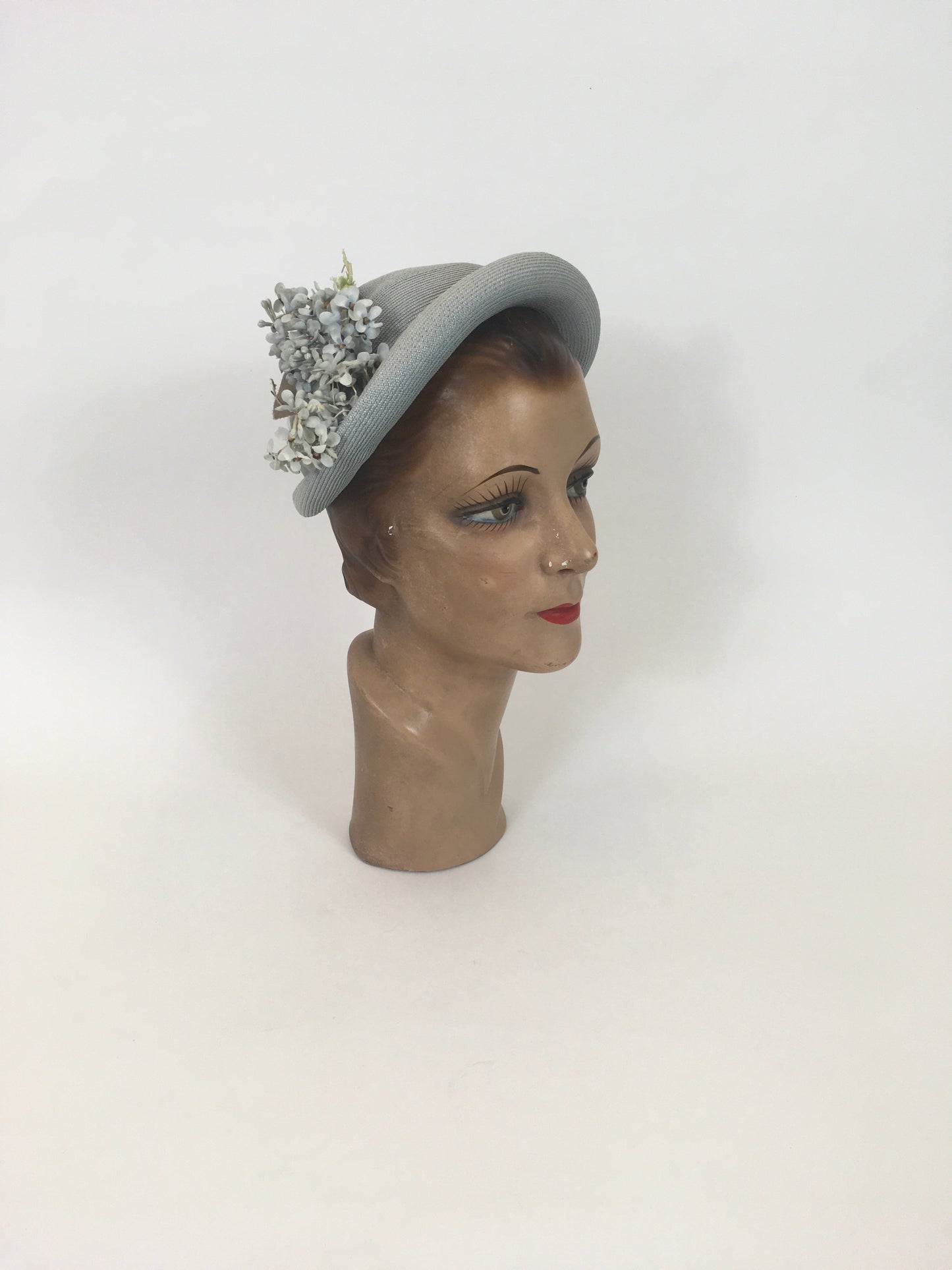 Original 1930’s Gorgeous  Fine Natural Straw Hat - In Pale Blue with Floral Millinery