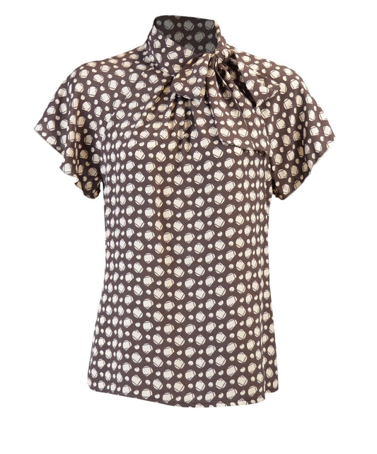 House of Foxy 1930’s Tie Neck Blouse in Brown Deco Dot
