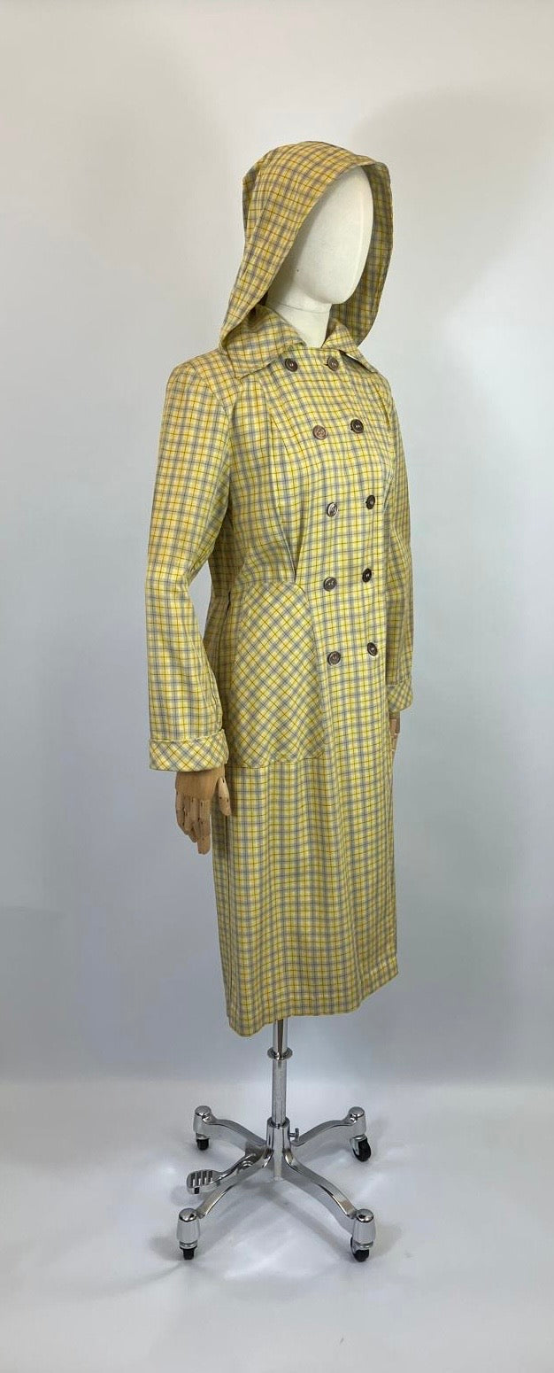 Original 1940’s RARE Hooded Rain Mac - Yellow and Grey plaid