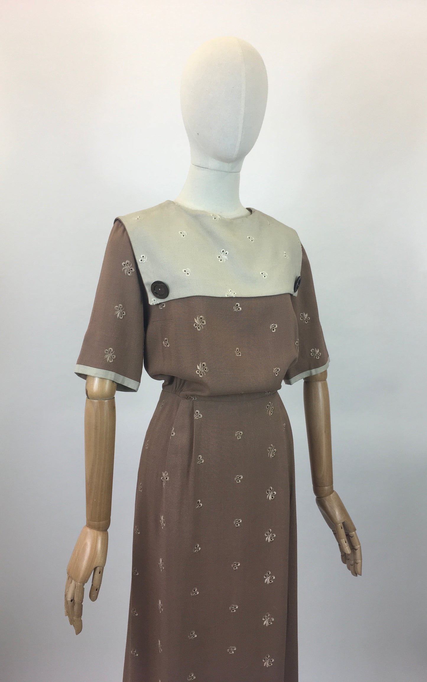 Original early 50’s Broderie Anglaise dress - in a Brown /Fawn colour combination.